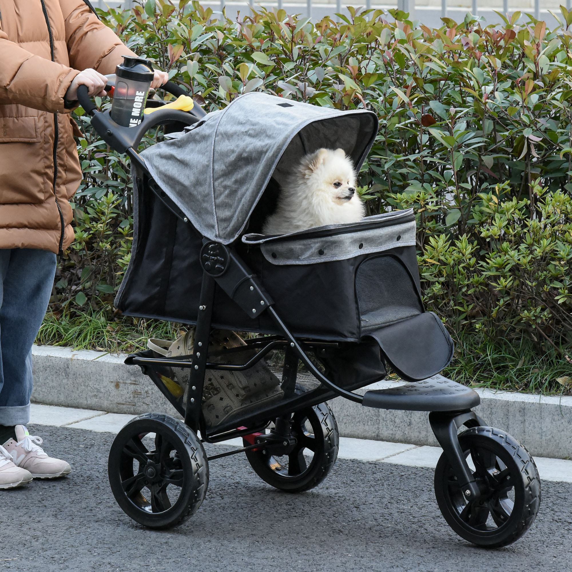 Dog Pushchair Folding Pet Stroller 3 Wheel Dog Jogger Travel Carrier Adjustable Canopy Storage Brake Mesh Window Grey-1