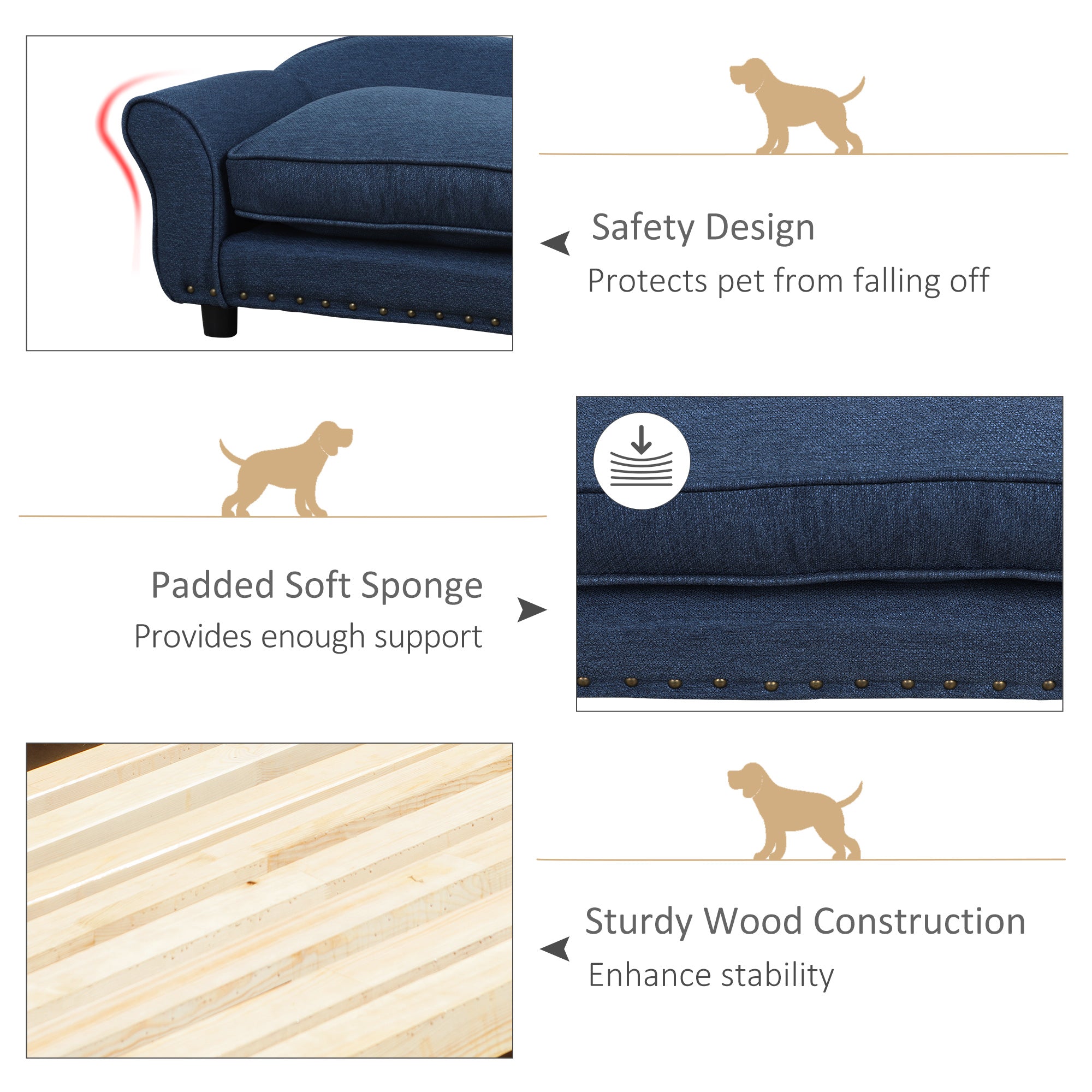 Dog Sofa for XS and S Size Dogs, Pet Chair Couch with Thick Sponge Padded Cushion, Kitten Lounge Bed with Washable Cover, Wooden Frame - Blue-3