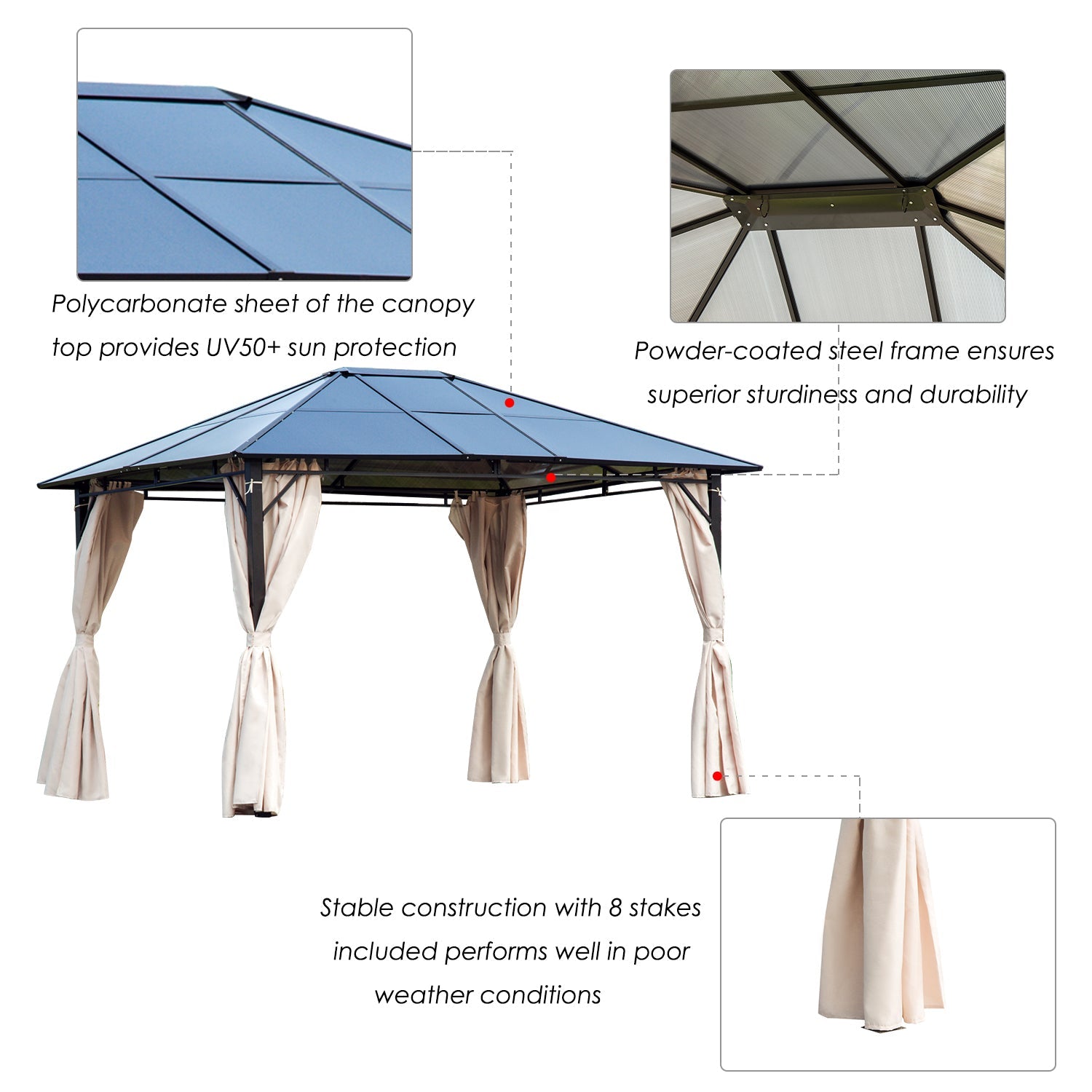 3.6 x 3(m) Hardtop Gazebo Canopy with Polycarbonate Roof Garden Pavilion with Removable Curtains and Steel Frame, Brown-4