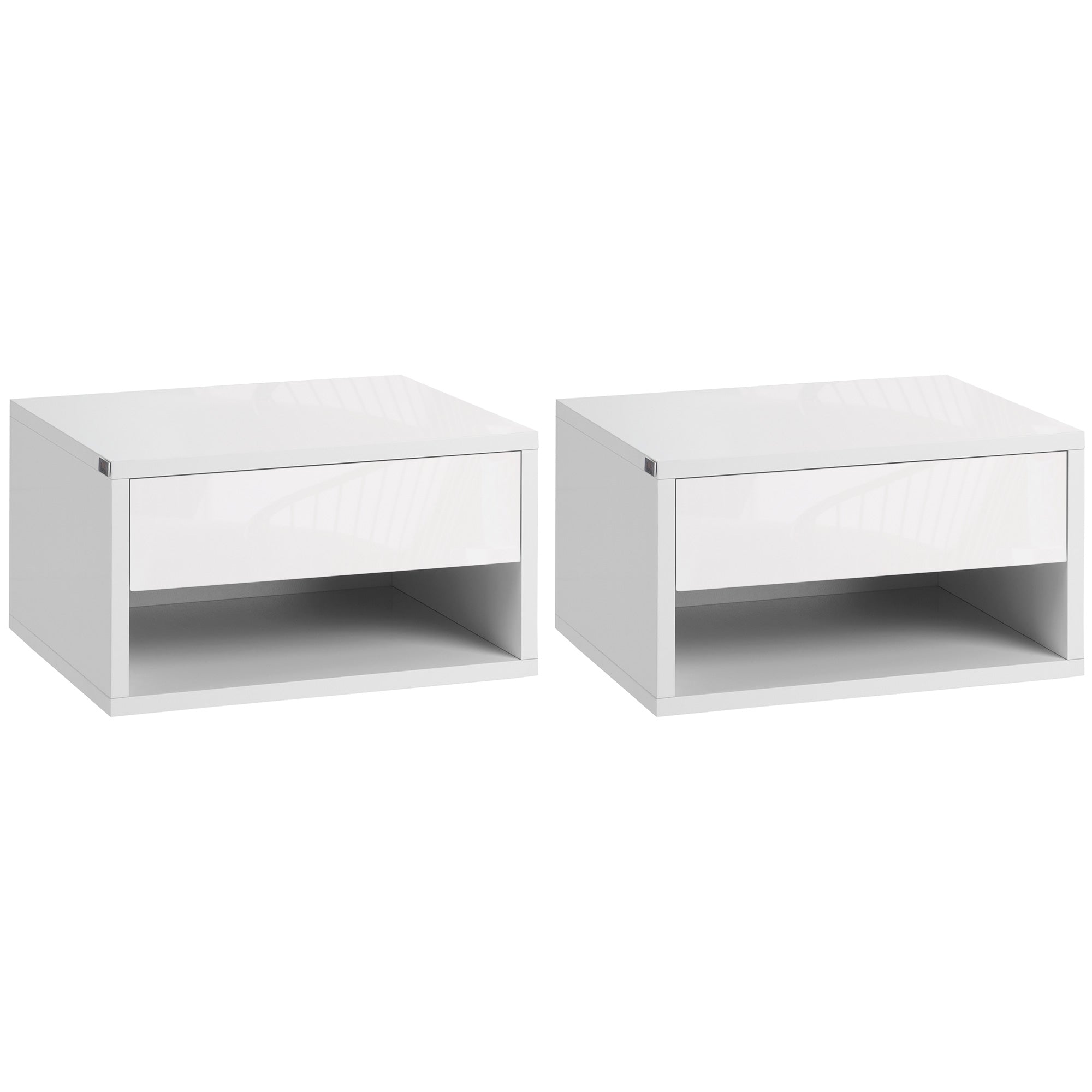 2 Pieces Bedside Table Wall Mounted Nightstand with Drawer and Shelf for Bedroom, 37 x 32 x 21cm, High Gloss White-0