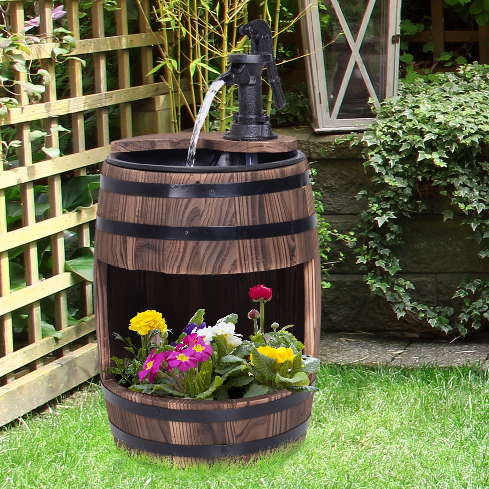 Wood Barrel Patio Water Fountain Electric Pump Garden Decorative Ornament with Flower Planter Decor-1