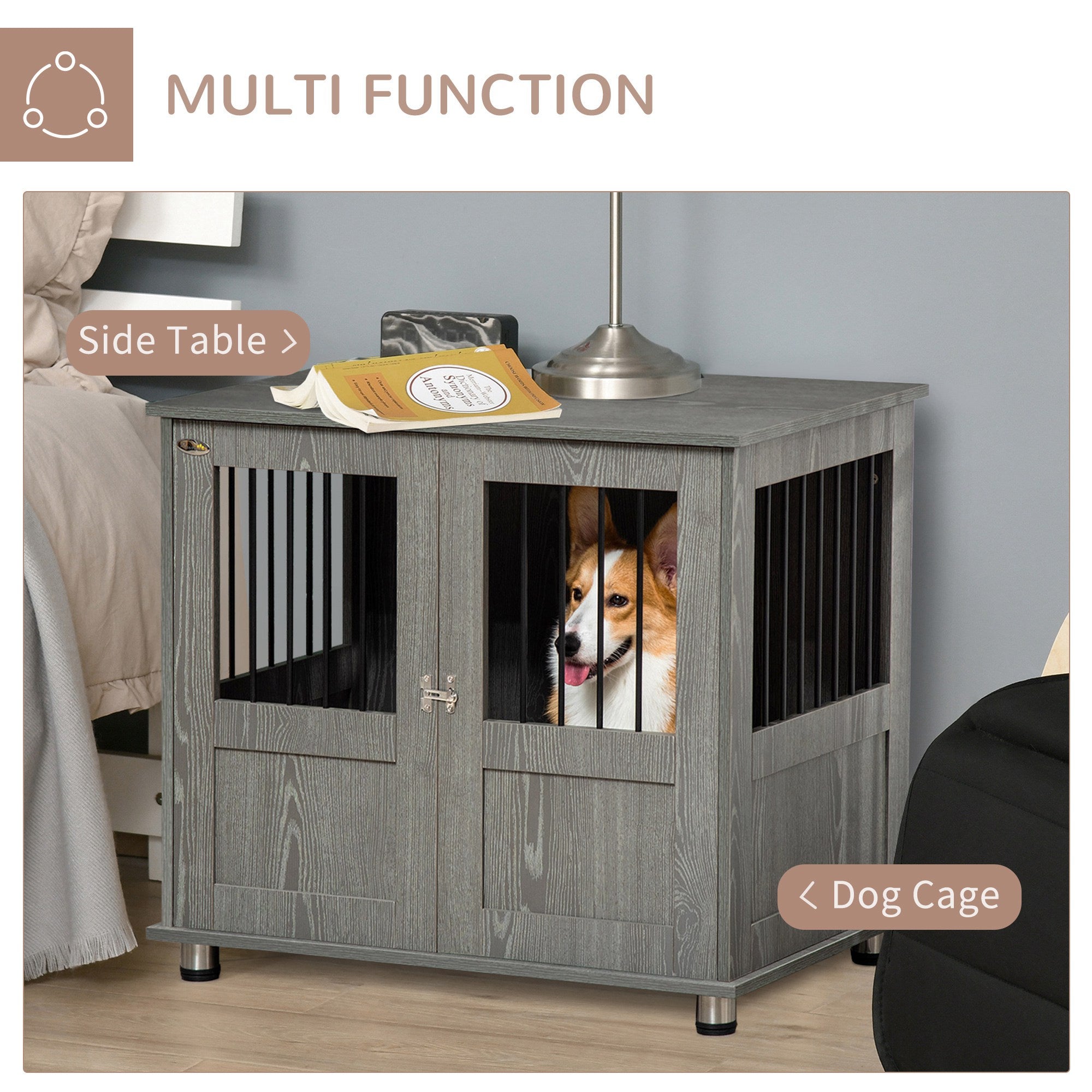 Dog Crate Furniture End Table, Pet Kennel for Small and Medium Dogs with Magnetic Door Indoor Animal Cage, Grey, 85 x 55 x 75 cm-3