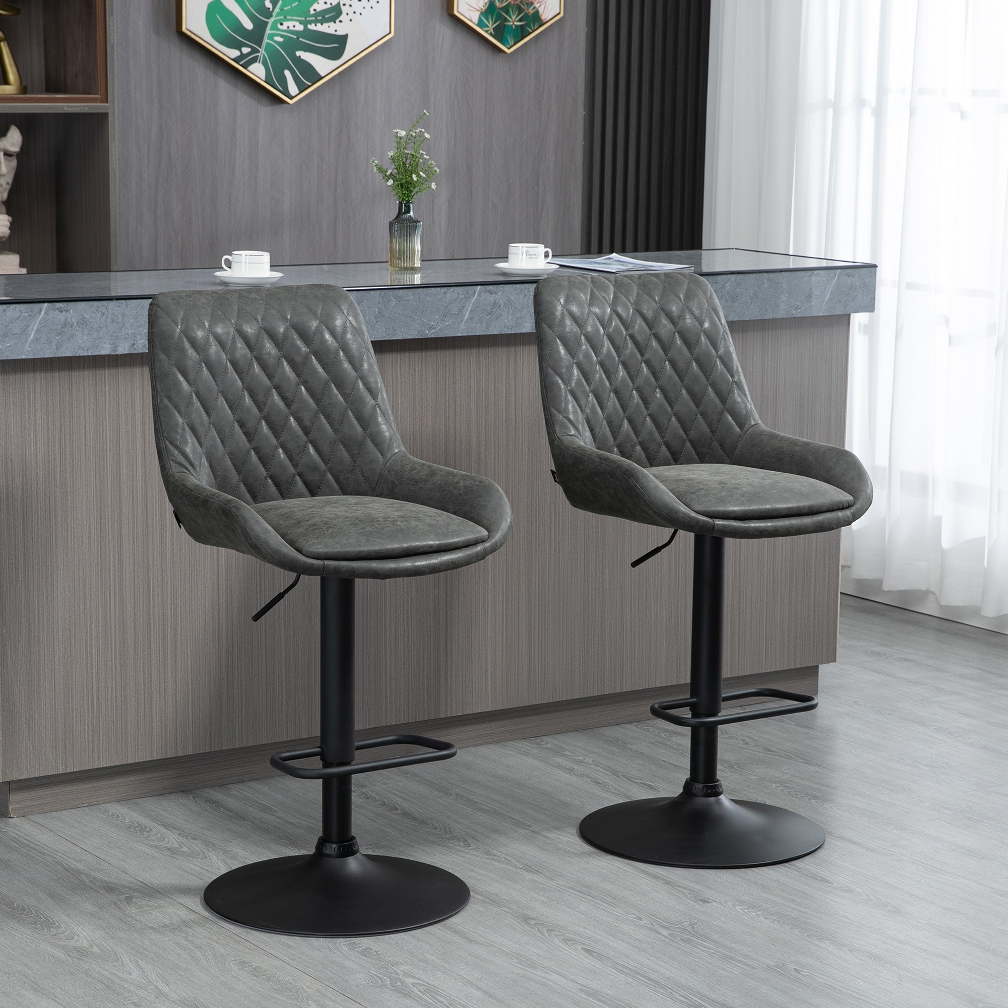 Retro Bar Stools Set of 2, Adjustable Kitchen Stool, Upholstered Bar Chairs with Back, Swivel Seat, Dark Grey-1