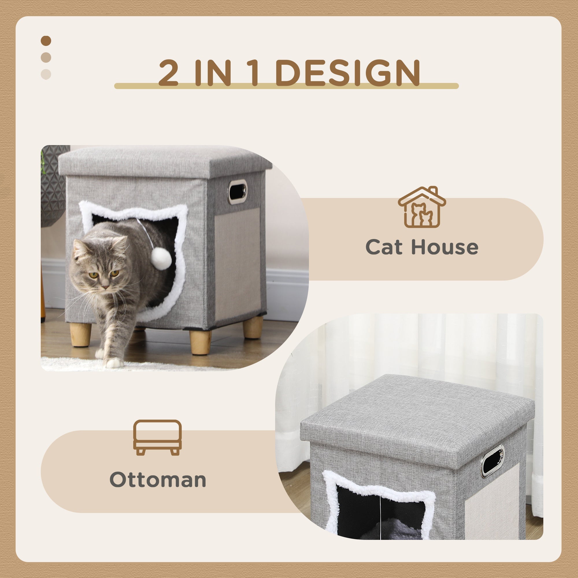 2 in 1 Cat Bed Ottoman, Comfortable Cat Sleeping Cave House w/ Removable Cushion, Scratching Pad, Handles, Anti-Slip Foot Pad, Toy Ball Grey-3