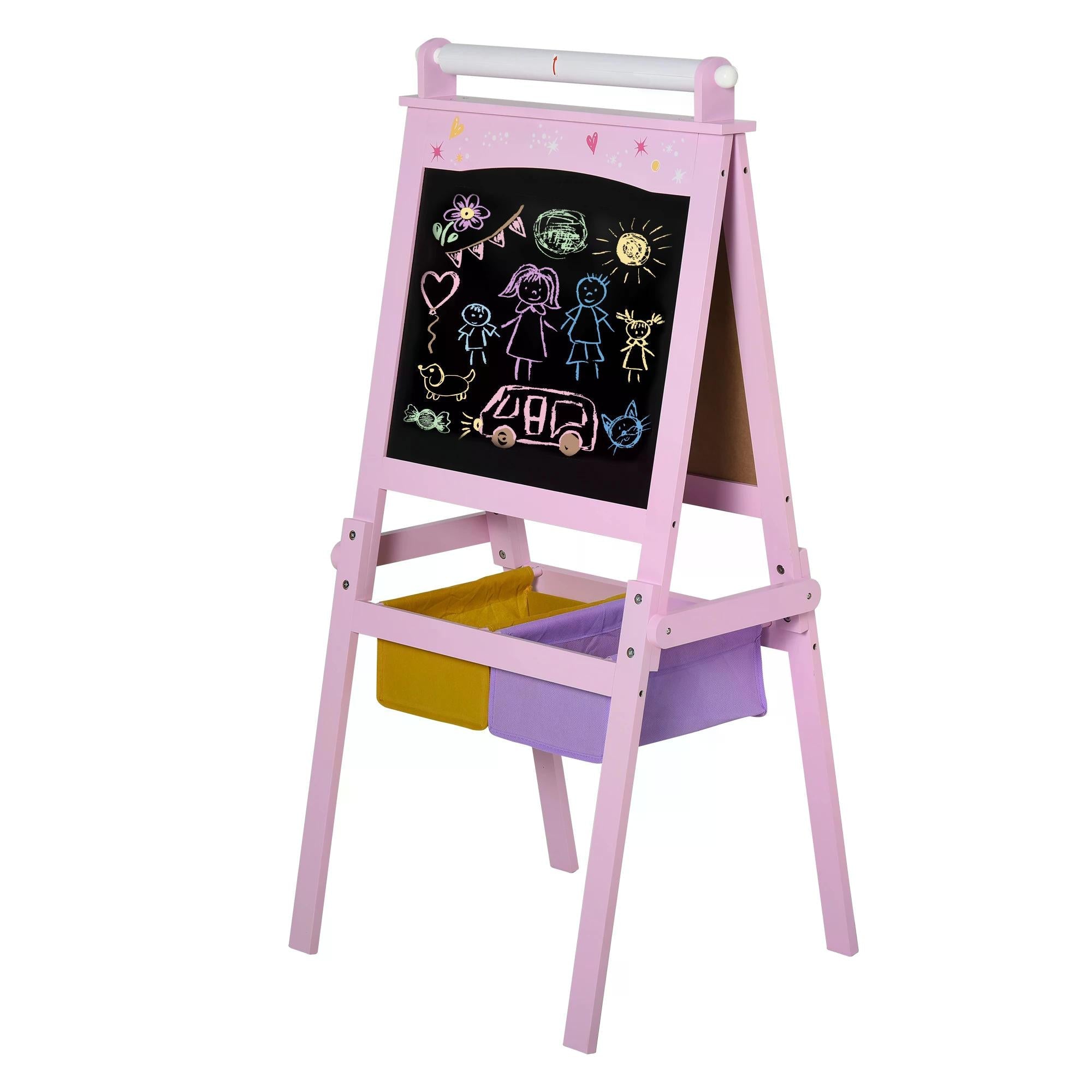 3 In 1 Kids Wooden Art Easel with Paper Roll Double-Sided Chalkboard & Whiteboard with Storage Baskets Gift for Toddler Girl Age 3 Years+ Pink-0