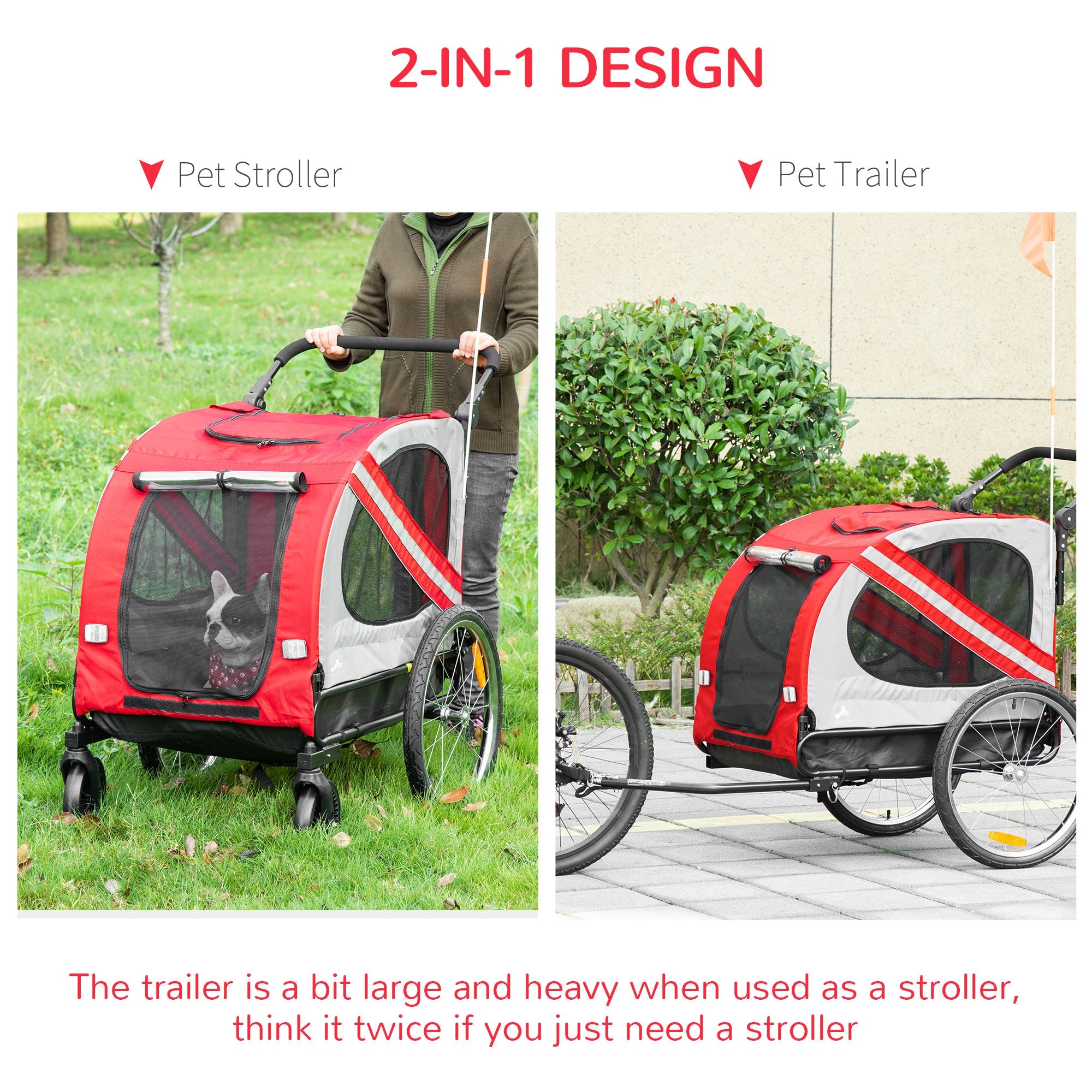 Dog Bike Trailer 2-in-1 Pet Stroller Cart Bicycle Carrier Attachment for Travel in steel frame with Universal Wheel Reflectors Flag Red-4