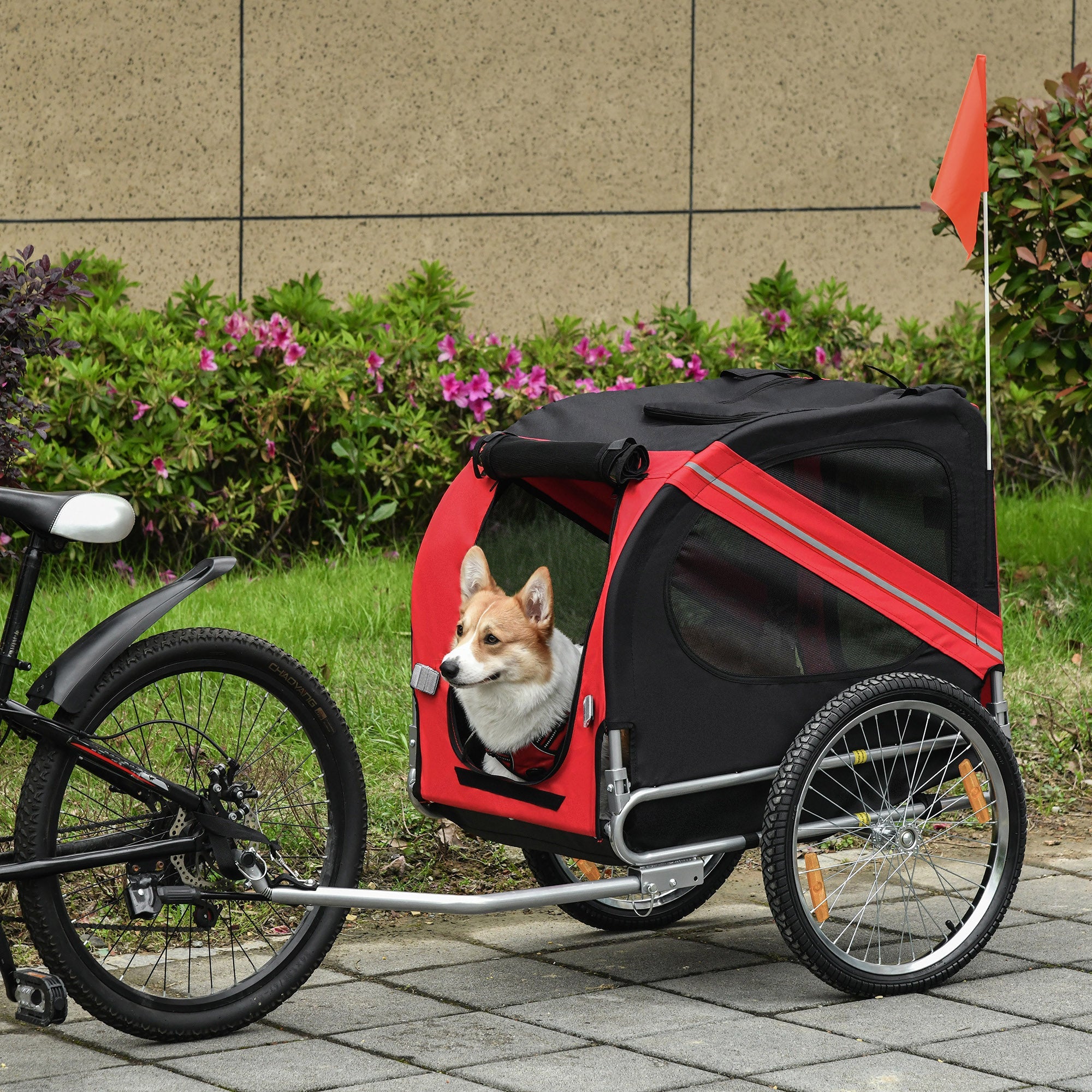 Dog Bike Trailer Bicycle Pet Trailer Folding Dog Carrier Bicycle in Steel Frame Stroller - Red & Black-1