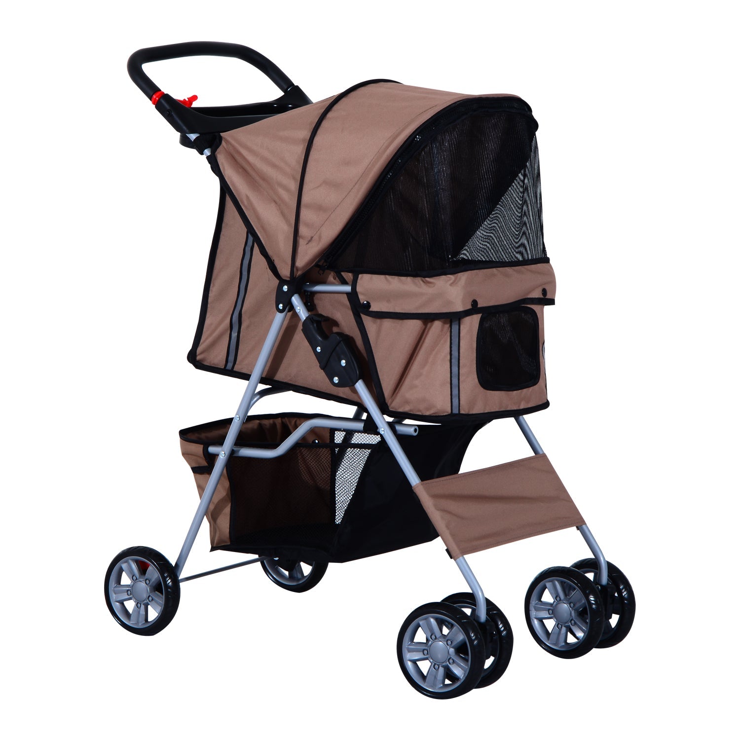 Dog Pram Pet Stroller Foldable Dog Pushchair with Wheels Zipper Entry Cup Holder Storage Basket Brown-0