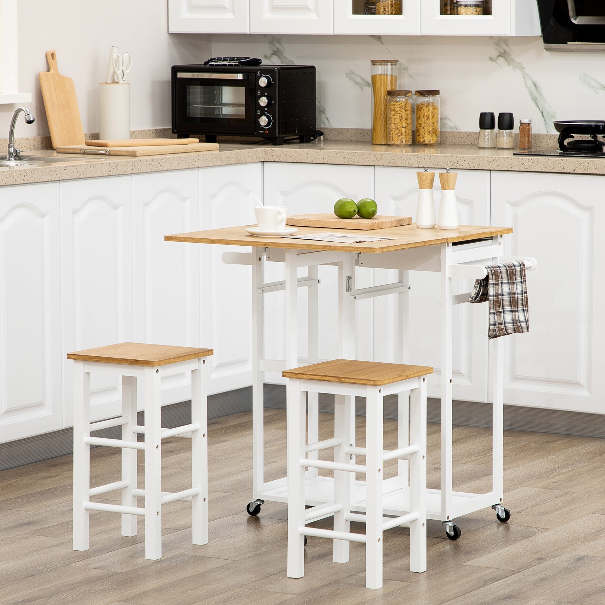 Kitchen Island Set with 2 Stools, Bamboo Breakfast Cart with Drop Leaf Top, Drawers and Towel Rack, Rolling Kitchen Cart and Chairs Set, White-1