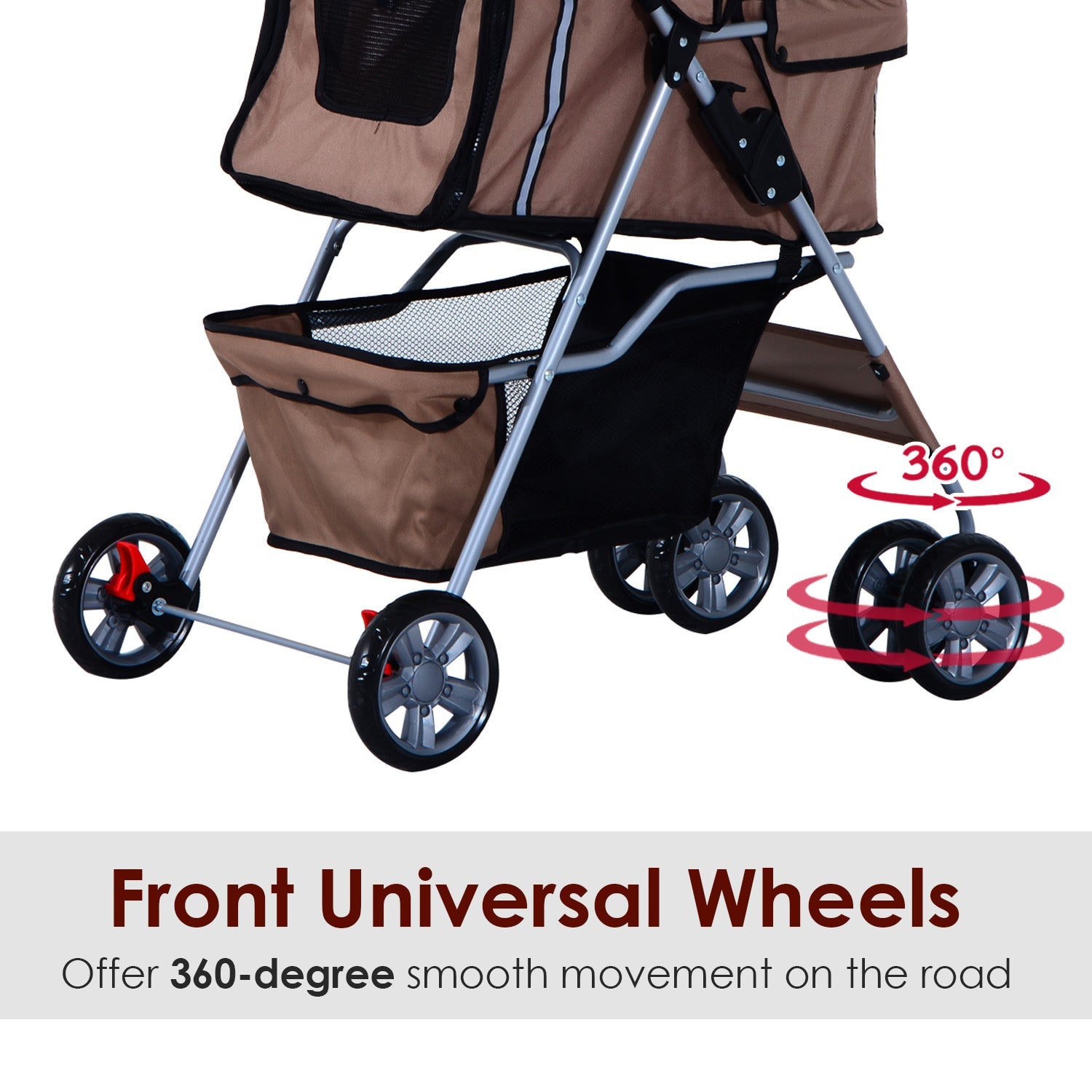 Dog Pram Pet Stroller Foldable Dog Pushchair with Wheels Zipper Entry Cup Holder Storage Basket Brown-4