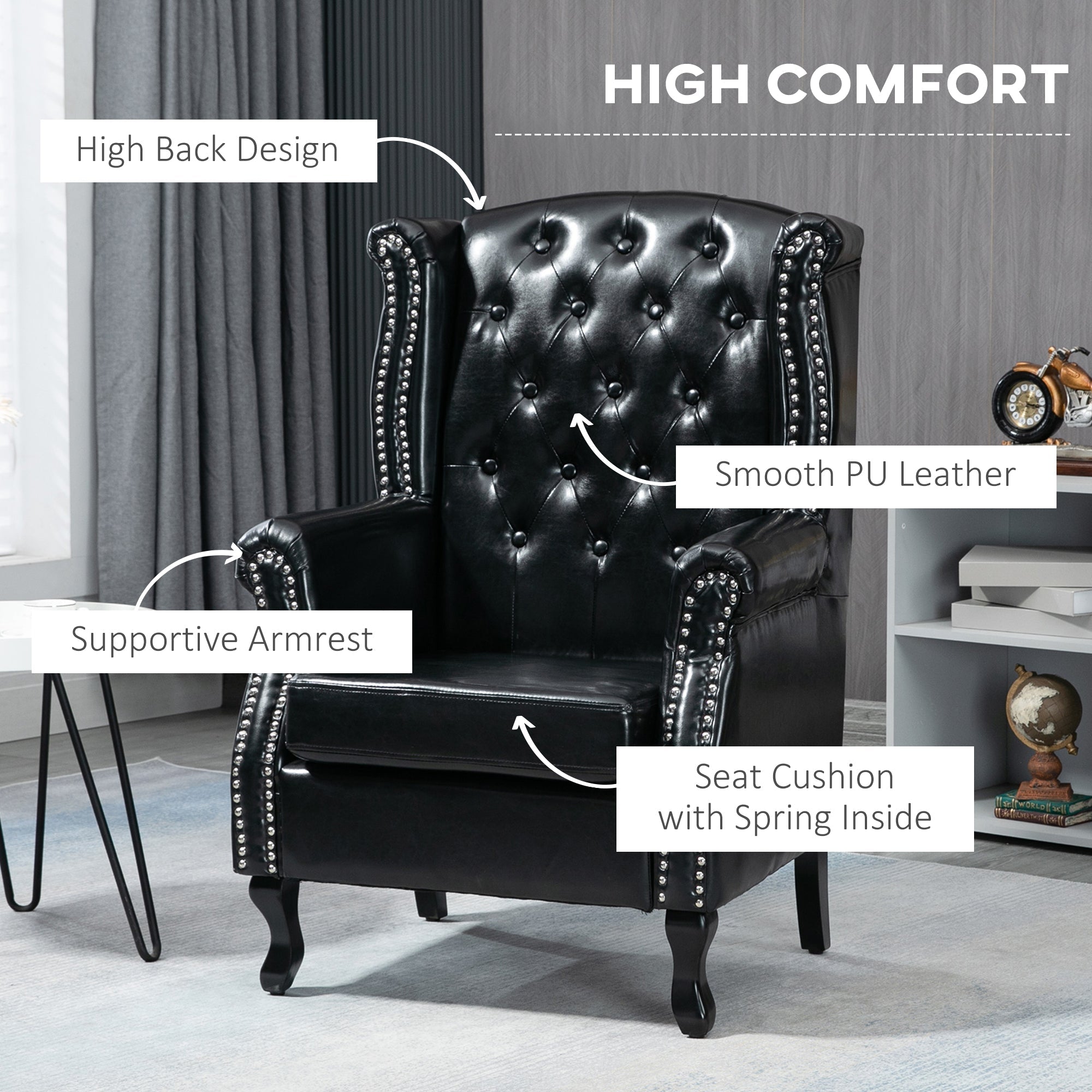 Wingback Accent Chair Tufted Chesterfield-style Armchair with Nail Head Trim for Living Room Bedroom Black-3