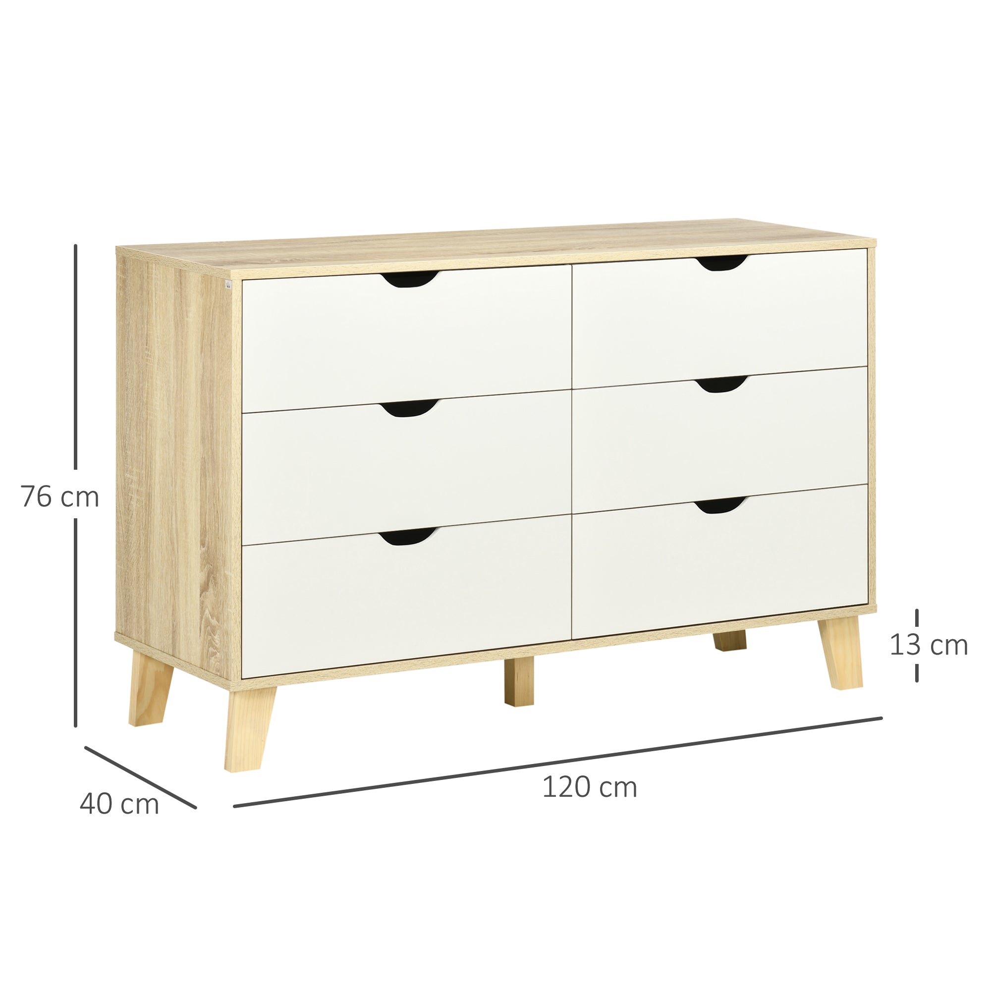 Wide Chest of Drawers, 6-Drawer Storage Organiser Unit with Wood Legs for Bedroom, Living Room, White and Light Brown-2