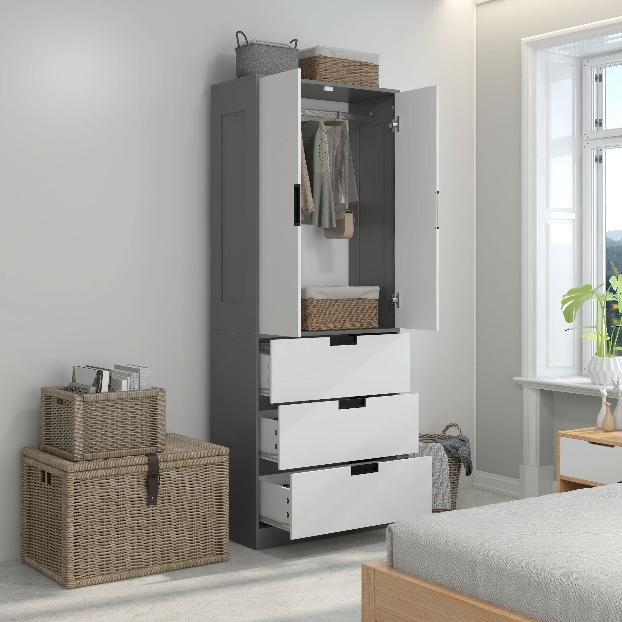 2 Door Wardrobe, Modern Wardrobe with 3 Drawers and Hanging Rod for Bedroom, Grey-1