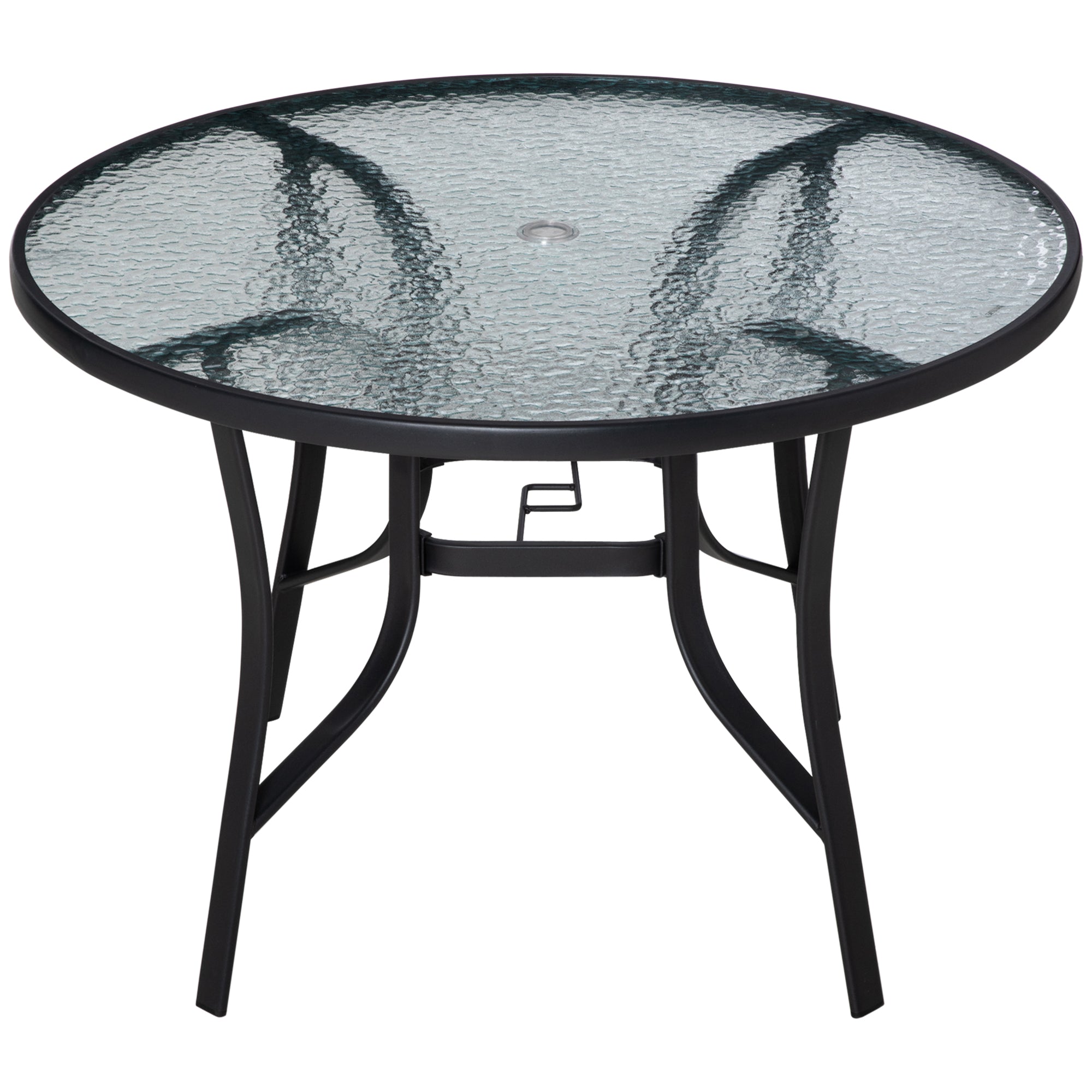 106cm Round Garden Dining Table with Parasol Hole Tempered Glass Top Steel Frame-0