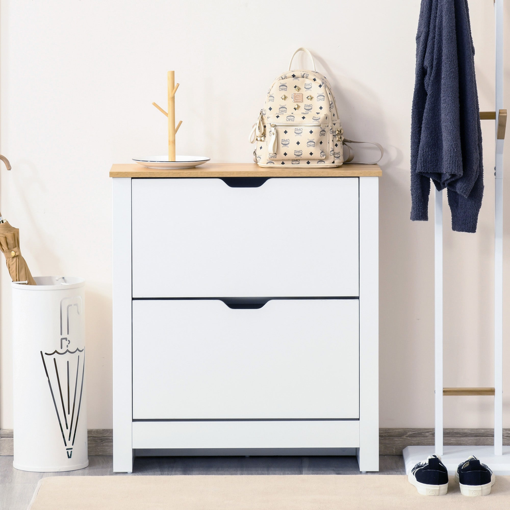 12-Shoe Storage Cabinet 4 Shelves 2 Drawers 4 Protective Legs Modern Stylish Unit Hallway Bedroom Home Furniture White-1