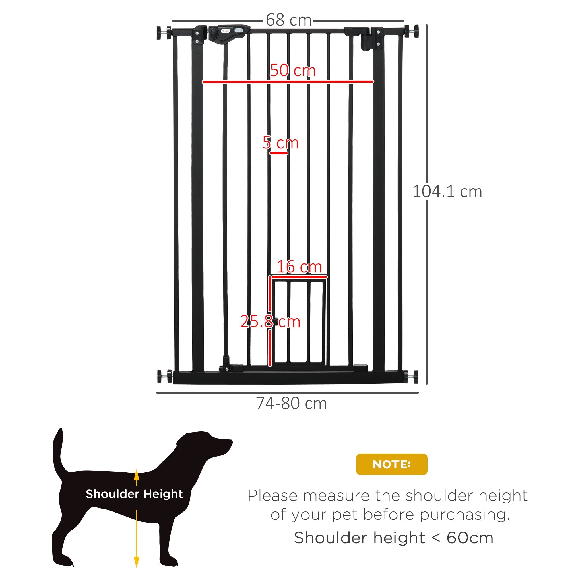 Extra Tall Dog Gate with Cat Door, Pet Safety Gate for Doorways Stairs with Auto Close Double Locking, 104 cm Tall 74-80 cm Wide, Black-2