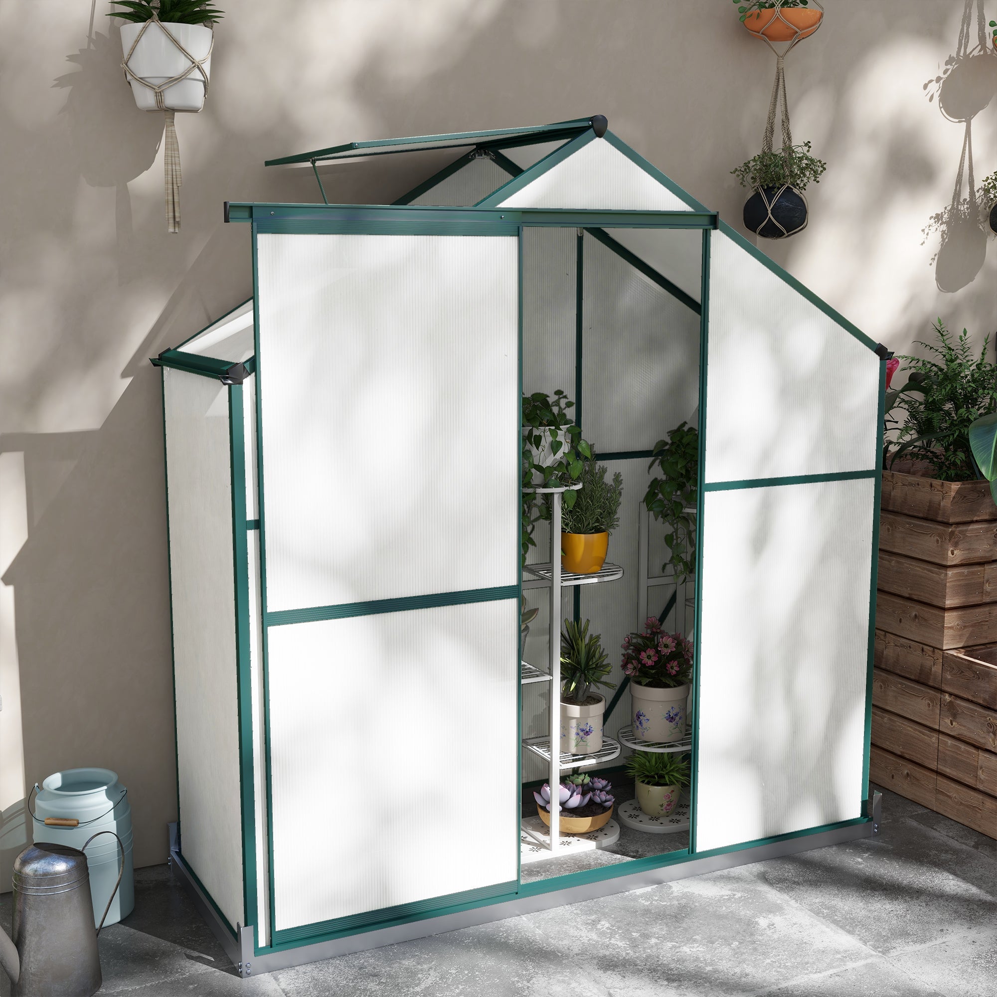 6 x 2.5ft Polycarbonate Greenhouse Walk-In Green House with Rain Gutter, Sliding Door, Window, Foundation, Green-1