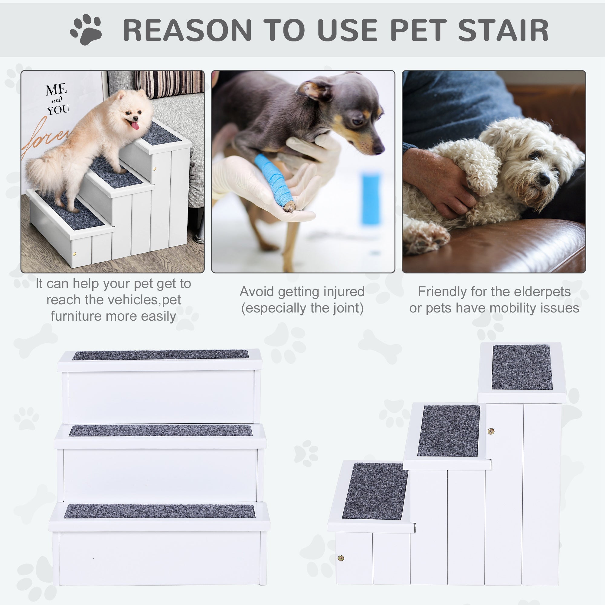 3 Step Wooden Carpeted Pet Stairs Ramp for Cats and Small Dogs with Non-Slip Carpet & Small Footprint, White-4