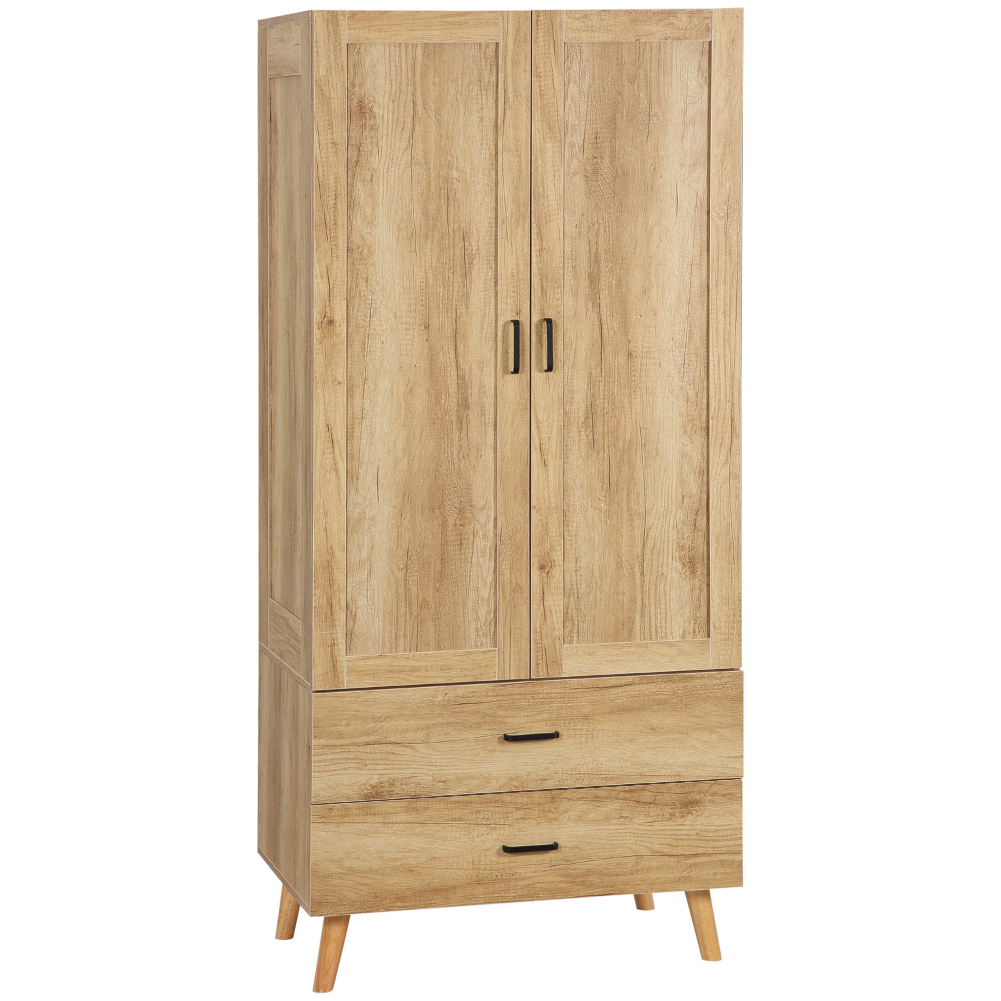 2 Door Wardrobe, Modern Wardrobe with 2 Drawer and Hanging Rail for Bedroom, Natural-0