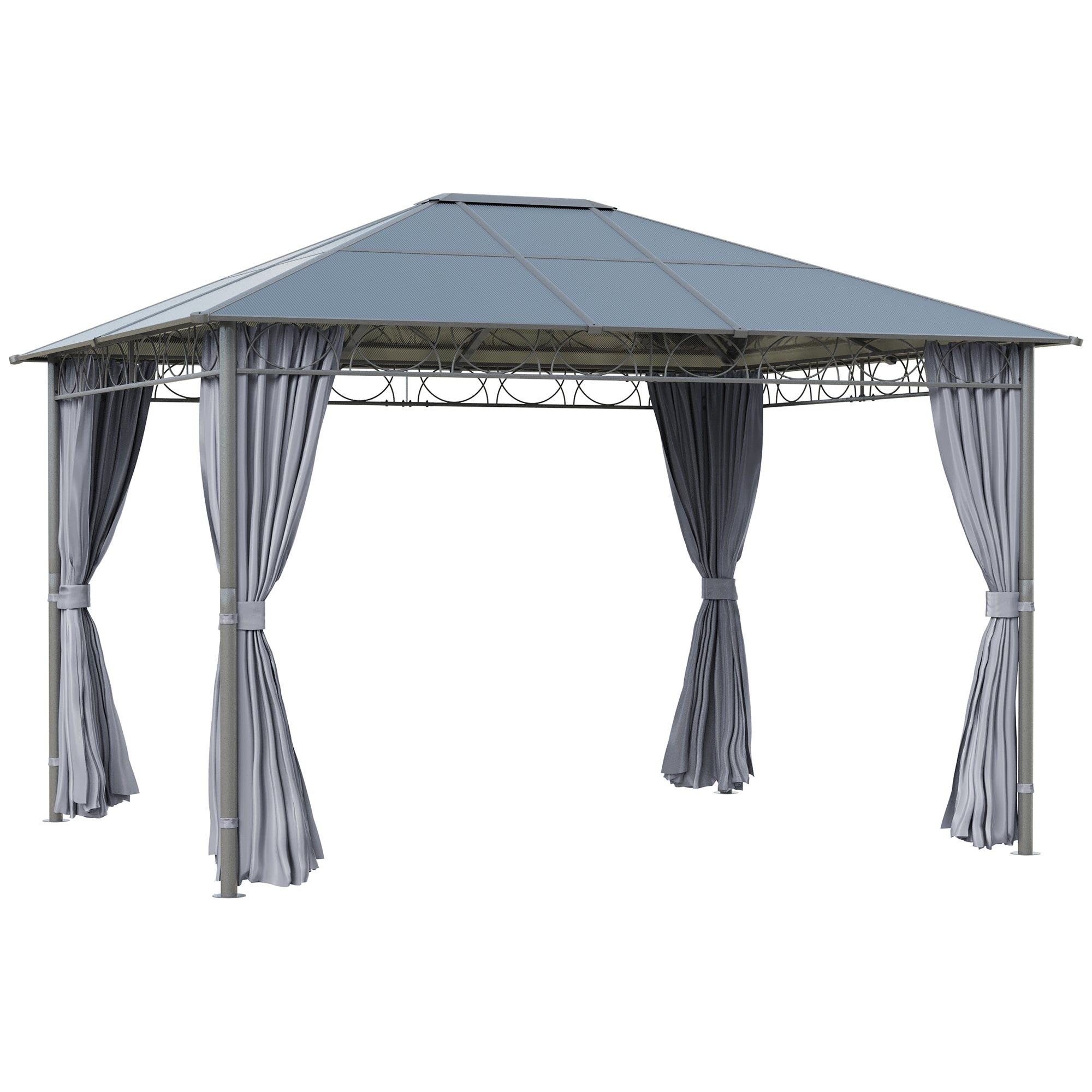 3.6 x 3(m) Hardtop Gazebo with UV Resistant Polycarbonate Roof, Steel & Aluminum Frame, Garden Pavilion with Curtains, Grey-0