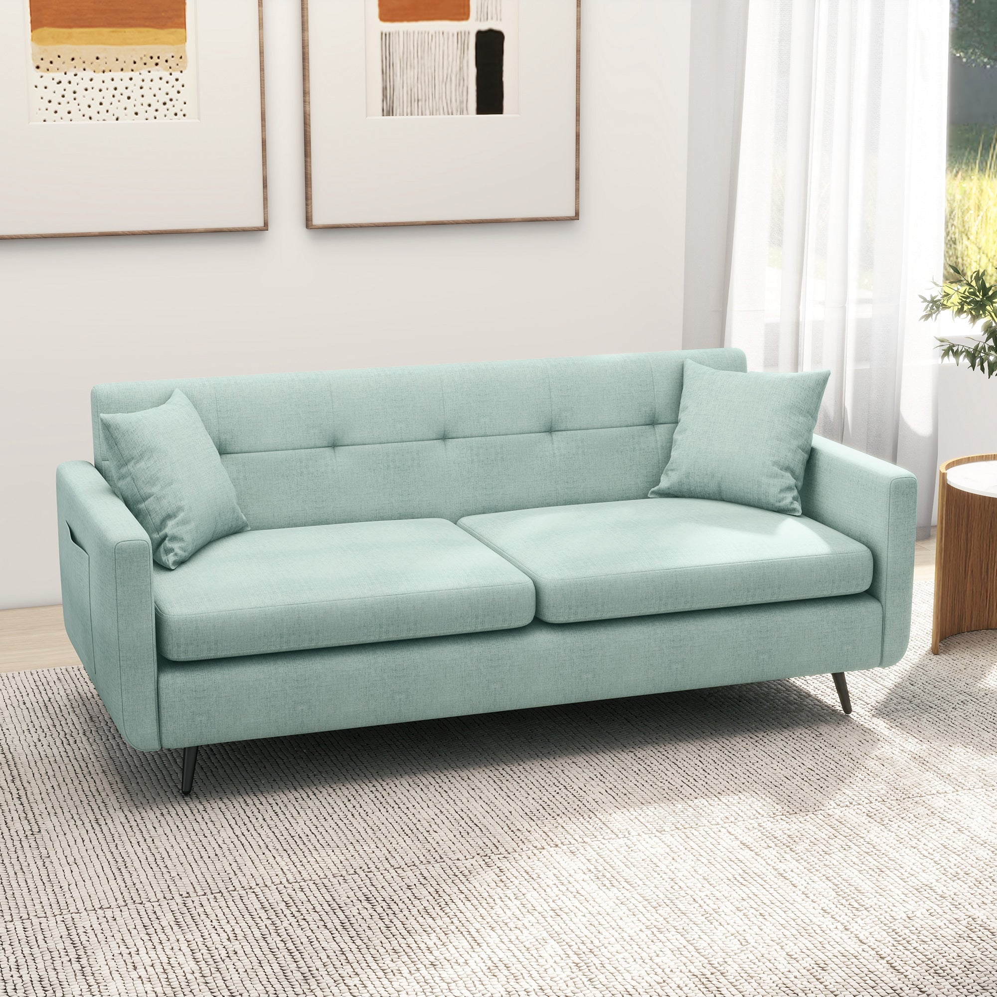 165cm 2 Seater Sofa for Living Room, Modern Fabric Couch, Tufted Loveseat Sofa Settee w/ Steel Legs, 2 Storage Pockets, Blue-1