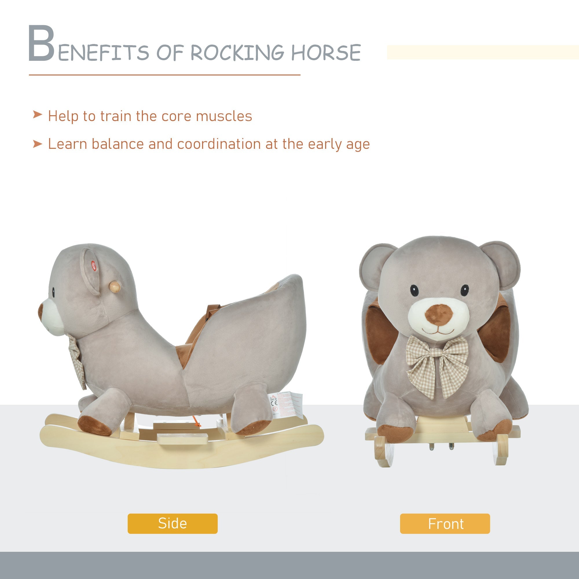 Kids Children Rocking Horse Plush Ride On Bear Seat w/ Sound Wood Base Seat Safety Belt Toddler Baby Toy Grey-4