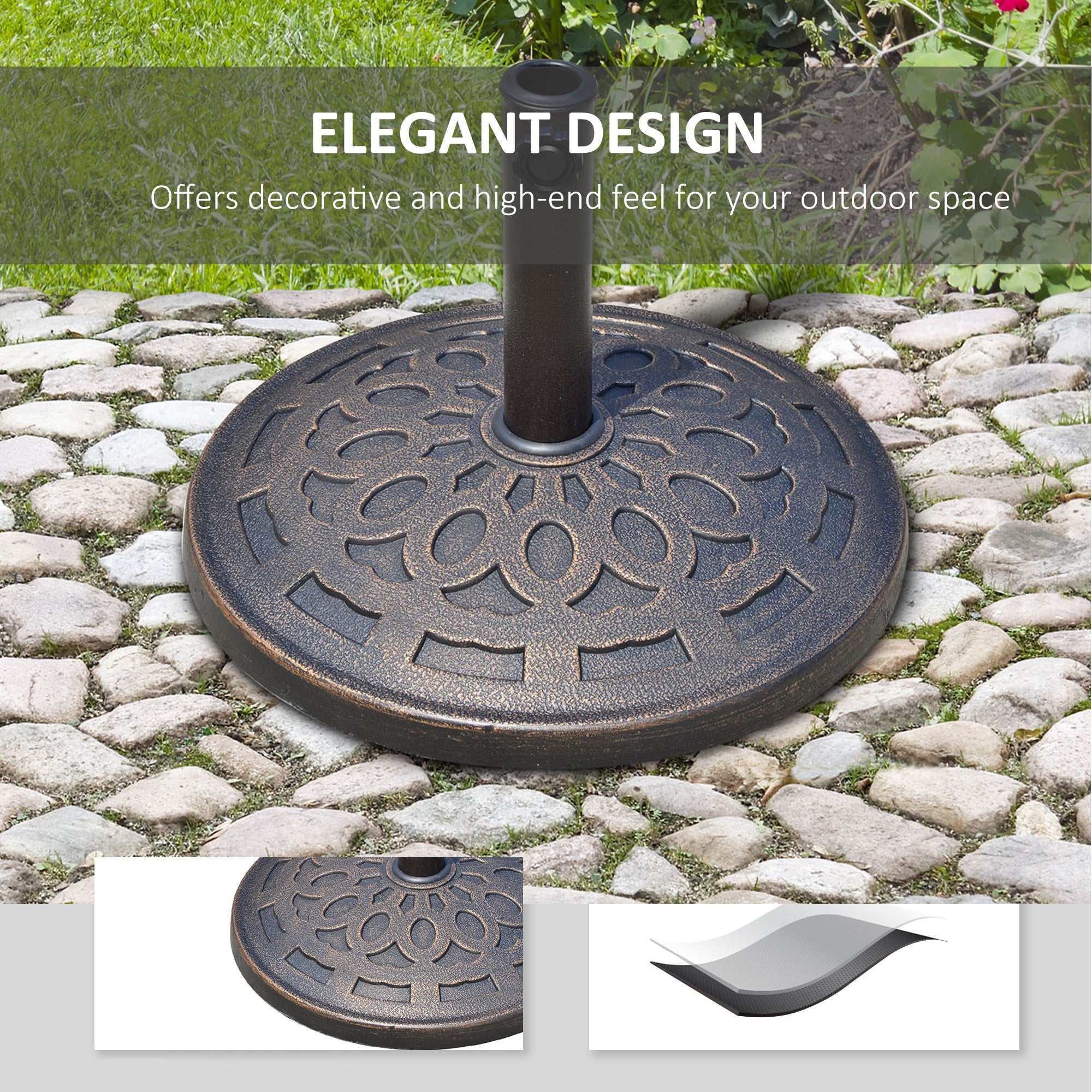 14kg Round Garden Parasol Base Holder Decorative Resin Market Umbrella Stand with Adjustable Coupler, Bronze-3