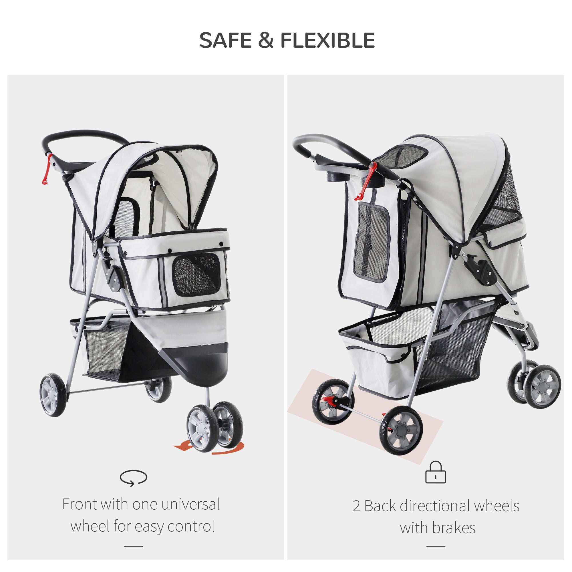 Dog Stroller Pet Travel Stroller Cat Dog Pushchair Trolley Puppy Jogger Carrier Three Wheels (Grey)-4