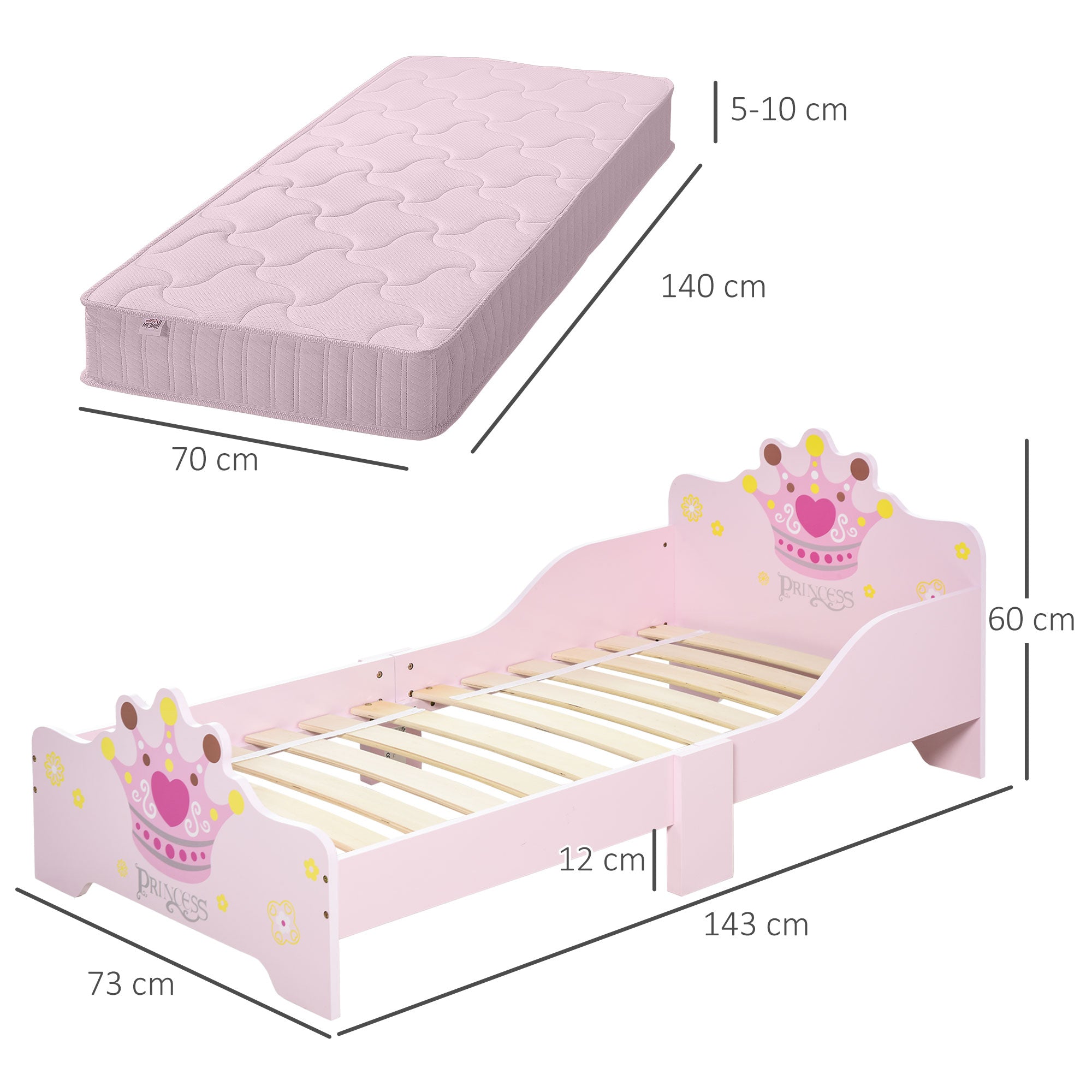 Kids Wooden Bed with Crown Modeling Safety Side Rails Easy to Clean Perfect Gift for Toddlers Girls Age 3 to 6 Years Old Pink-2