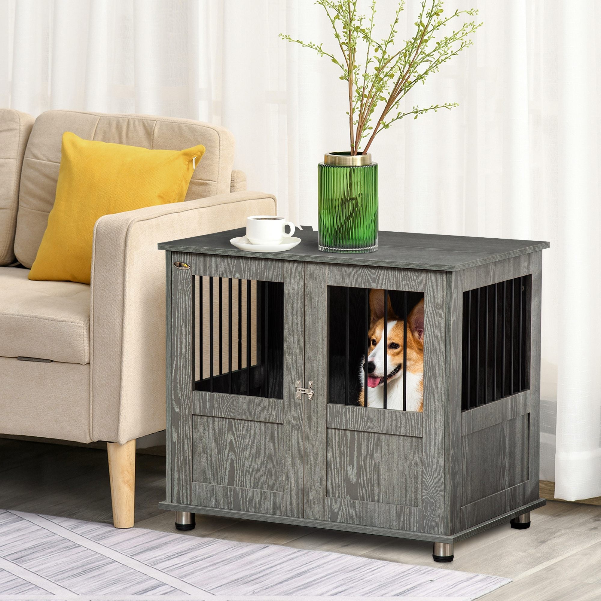 Dog Crate Furniture End Table, Pet Kennel for Small and Medium Dogs with Magnetic Door Indoor Animal Cage, Grey, 85 x 55 x 75 cm-1