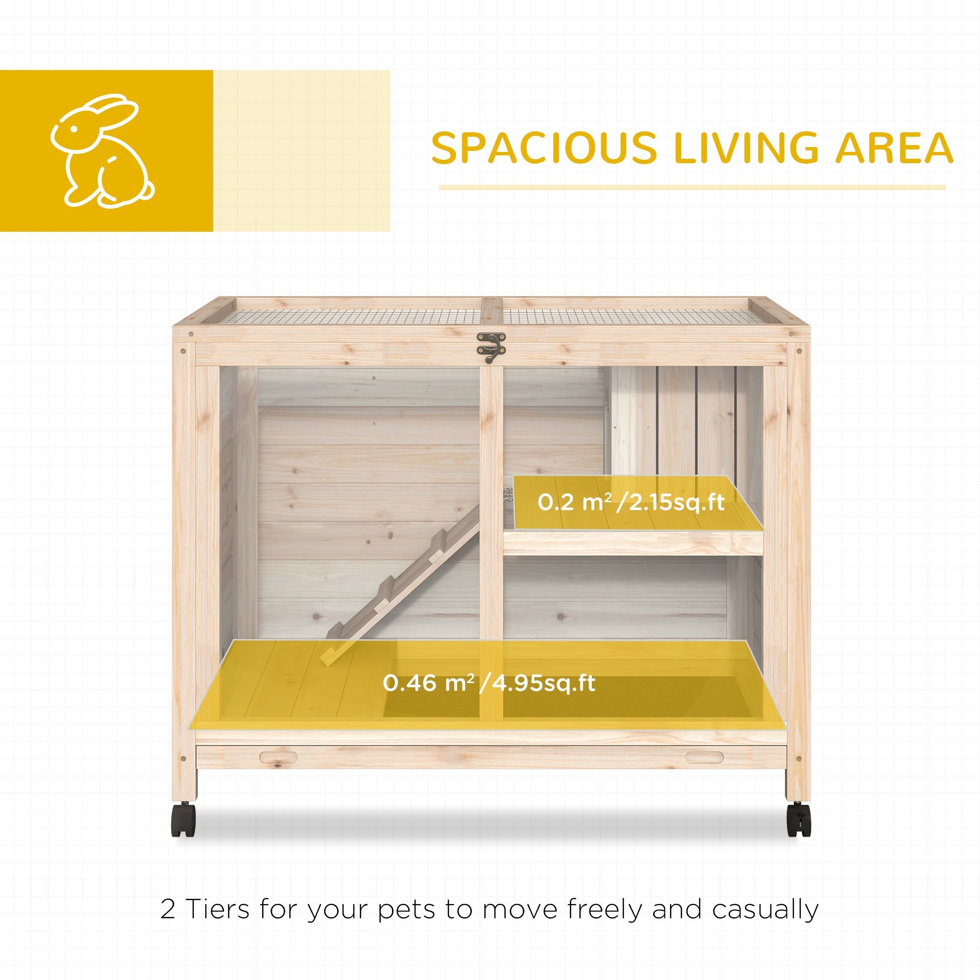 Wooden Rabbit Hutch Guinea Pigs House Bunny Small Animal Cage W/ Pull-out Tray Openable Roof Wheels 91.5 x 53.3 x 73 cm-3