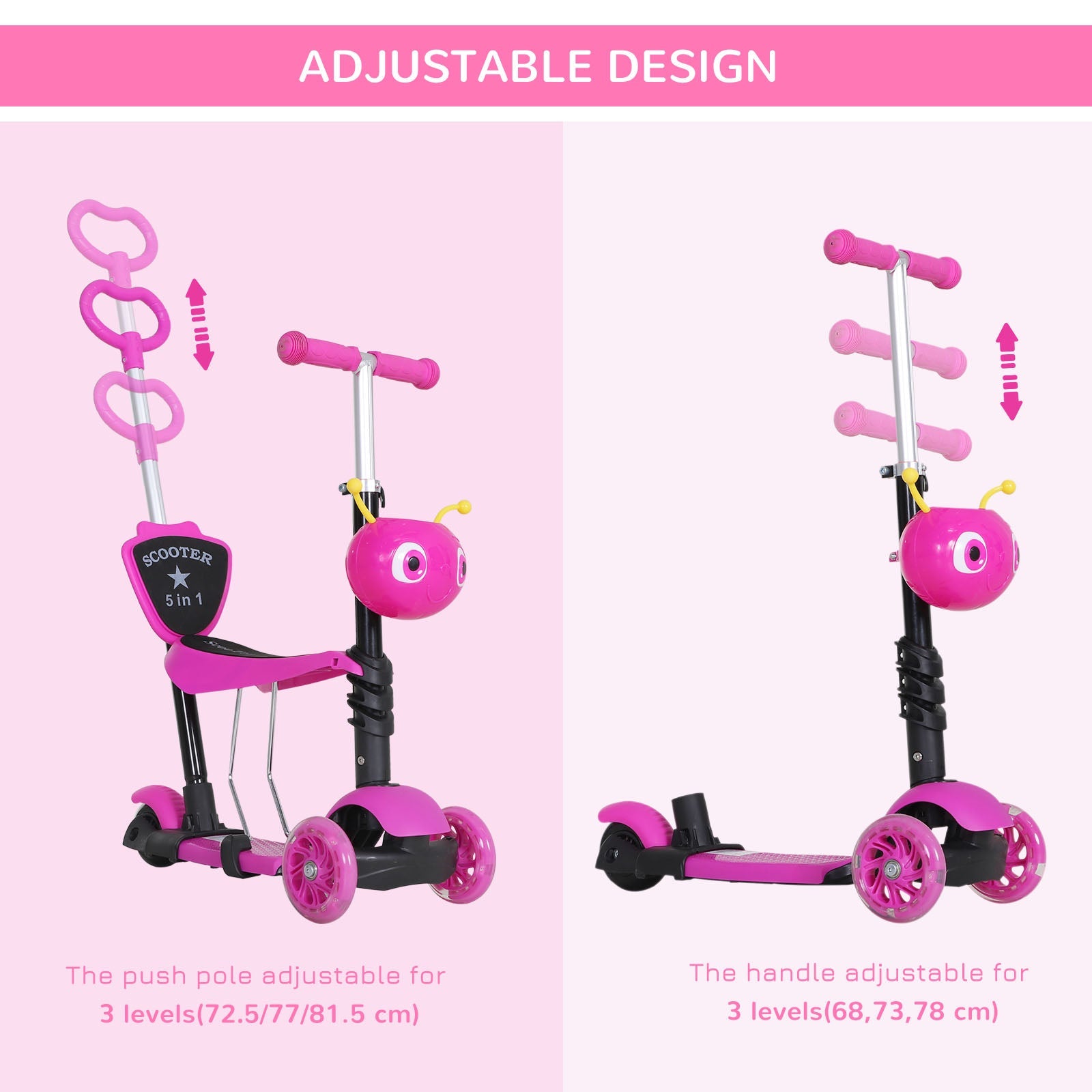 5-in-1 Kids Toddler 3 Wheels Mini Kick Scooter Push Walker with Removable Seat & Back Rest for Girls and Boys Pink-4