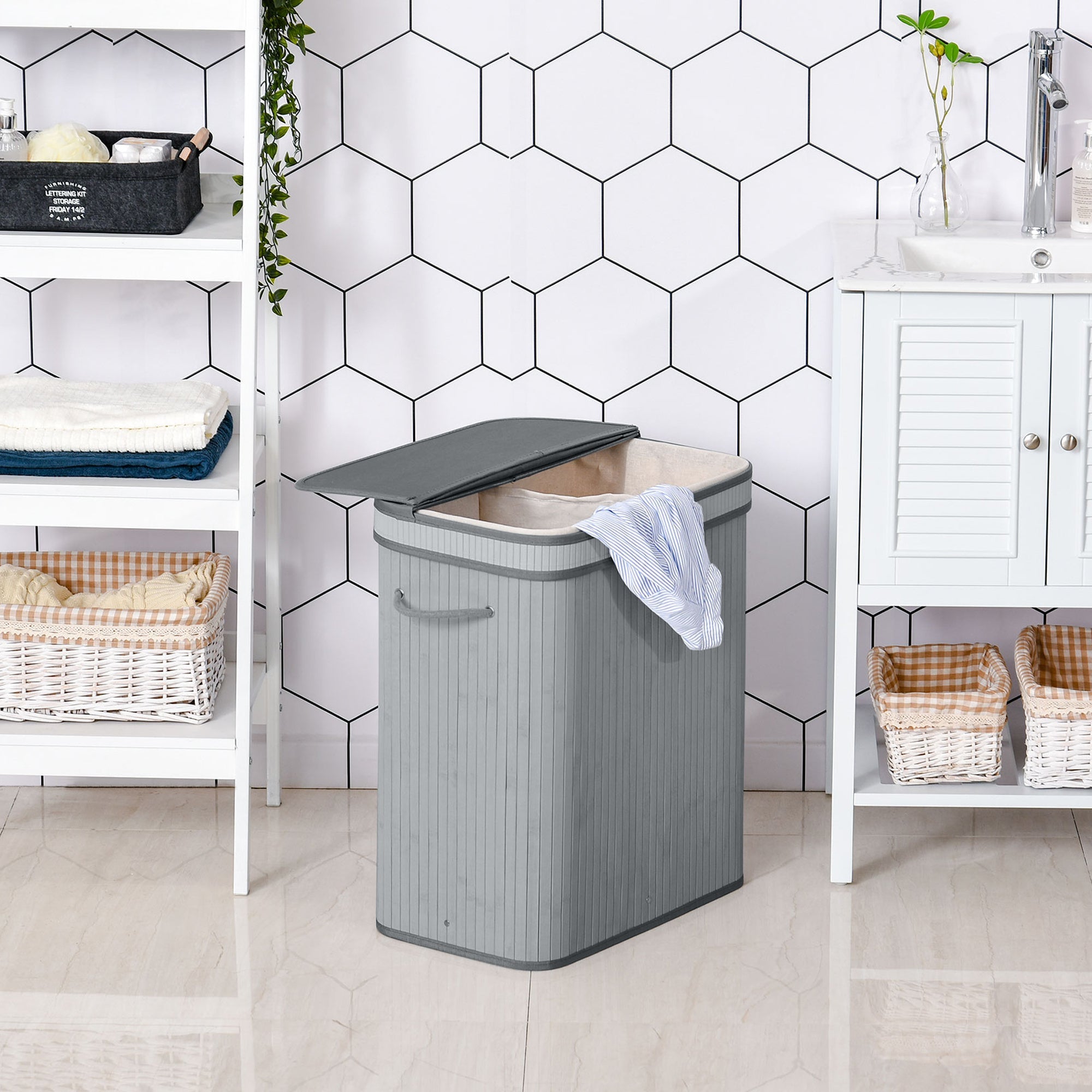 100L Natural Wood Laundry Basket One Compartment w/Flip Lid Removable Lining Handles Board Base Durable Water-Resistant Dirty Clothes Grey-1