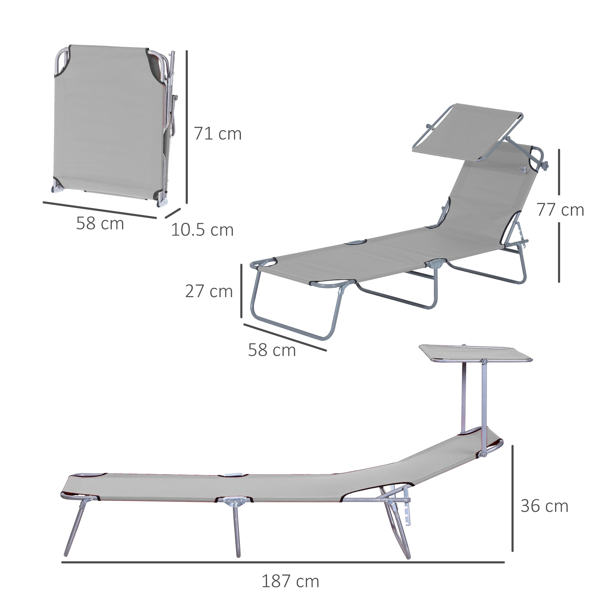 2 Pcs Outdoor Foldable Sun Lounger Set w/ Removeable Shade Canopy, Recliner Sun Lounger w/ Adjustable Backrest w/ Mesh Fabric, Light Grey-2