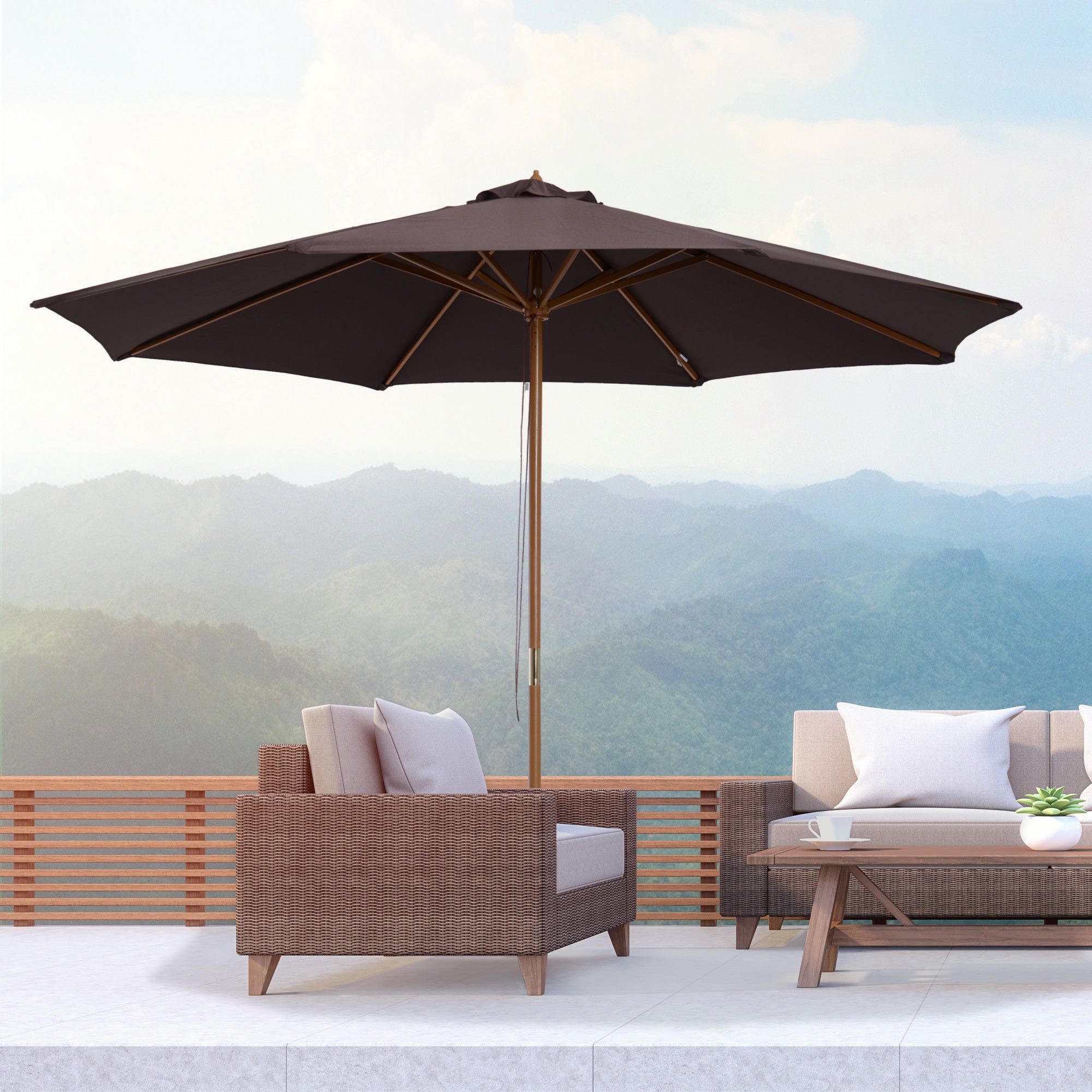 ⌀3m Bamboo Wooden Market Patio Umbrella Garden Parasol Outdoor Sunshade Canopy, 8-ribs,Coffee-1