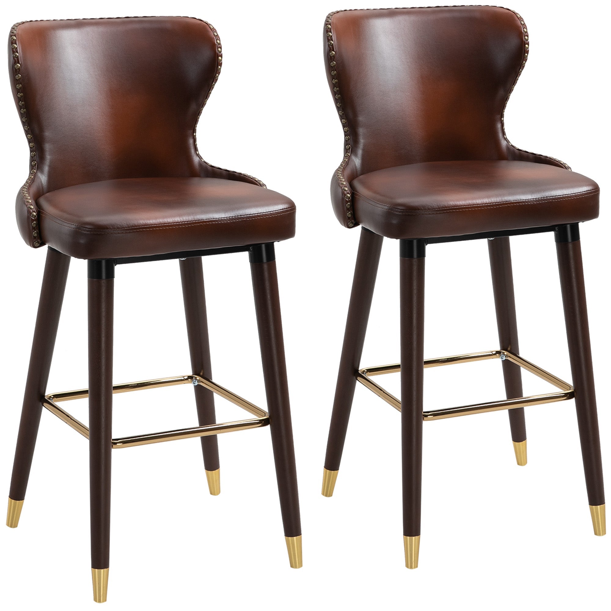 Bar Stools Set of 2, PU Leather Vintage Counter-Height Bar Chair, Luxury European Style Kitchen Stools with Back, Brown-0