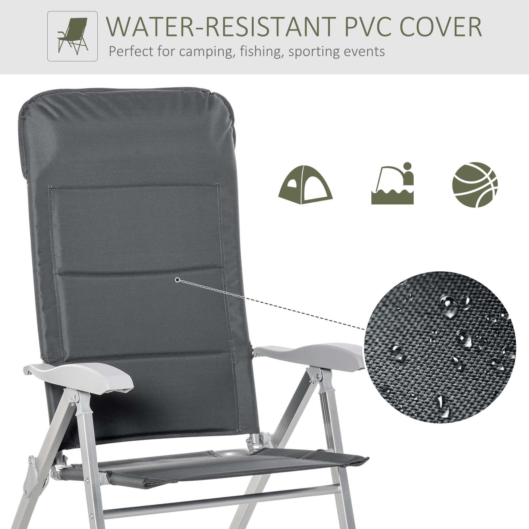 2 Pcs Patio Folding Dining Chair w/ Adjustable Back & Armrest Portable for Camping Garden Pool Beach Deck Grey-3