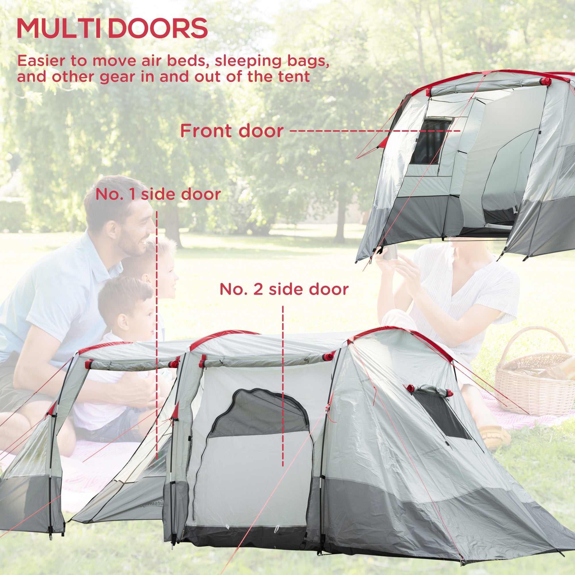 6-8 Person Tunnel Tent, Camping Tent with Bedroom, Living Room, Sewn-in Floor, 3 Doors and Carry Bag, 2000mm Water Column for Fishing, Grey-4