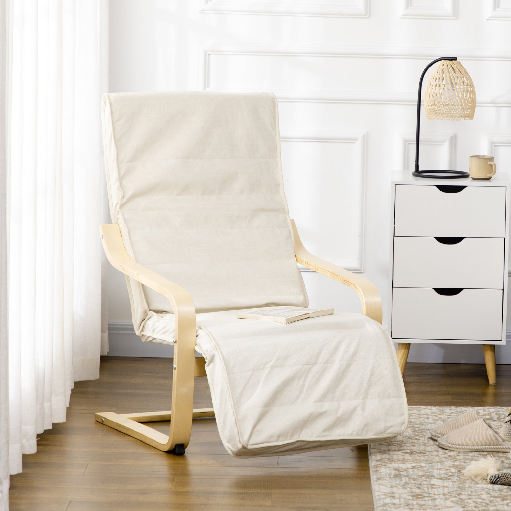 Wooden Lounging Chair Deck Relaxing Recliner Lounge Seat with Adjustable Footrest & Removable Cushion, Cream White-1