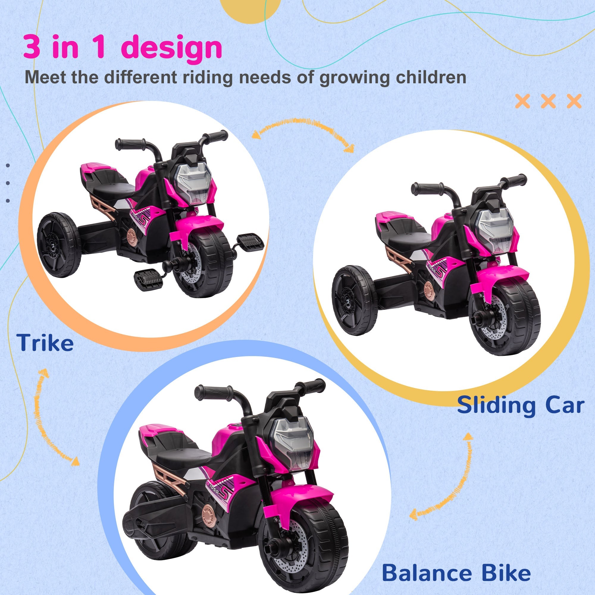 Motorcycle Design 3 in 1 Toddler Trike, Sliding Car, Balance Bike with Headlight, Music, Horn, Pink-4