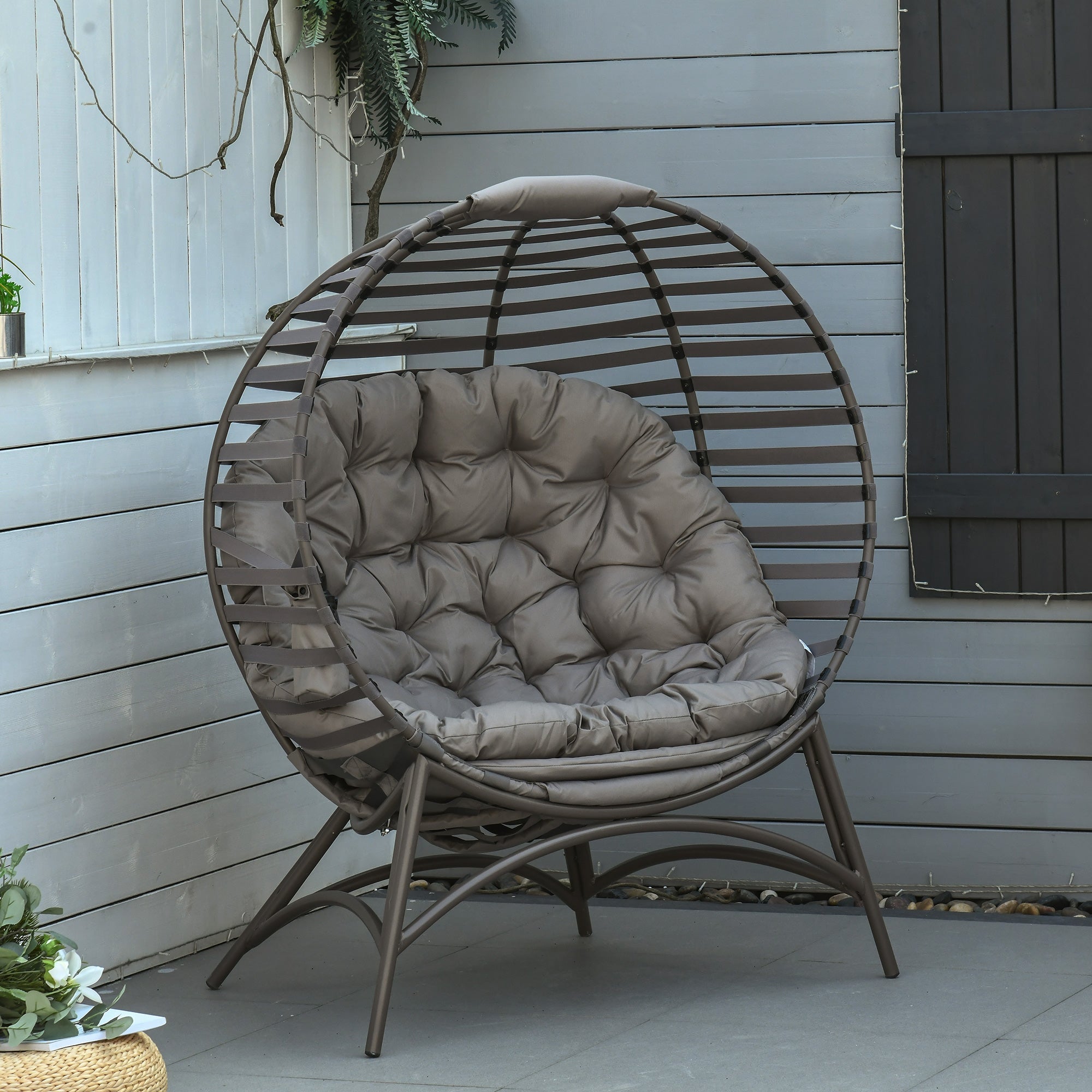 2 Seater Egg Chair with Soft Cushion, Steel Frame and Side Pocket, Garden Patio Basket Chair for Indoor, Outdoor, Brown-1