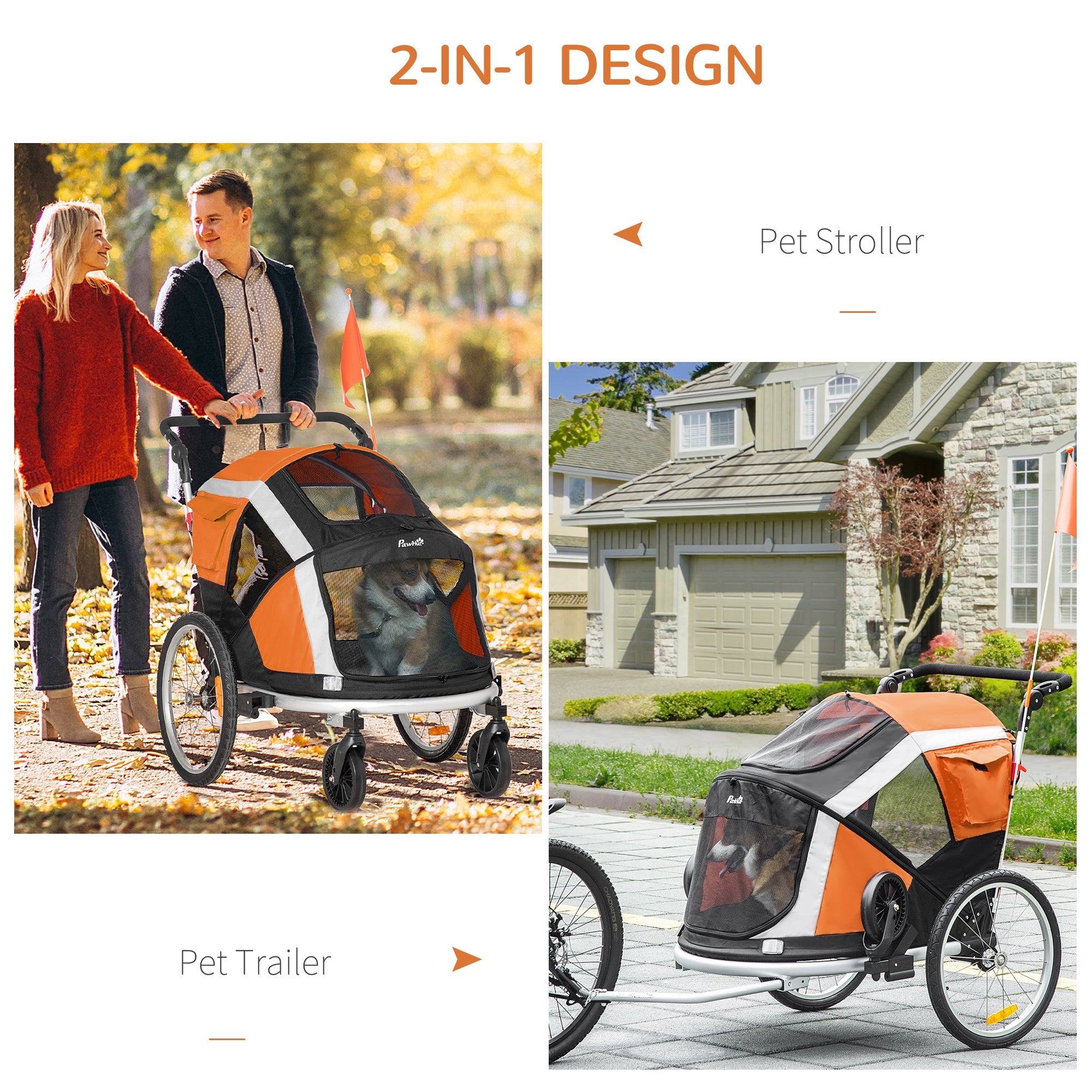 Dog Bike Trailer 2-in-1 Pet Stroller for Large Dogs Cart Foldable Bicycle Carrier Aluminium Frame with Safety Leash Hitch Coupler Flag Orange-3