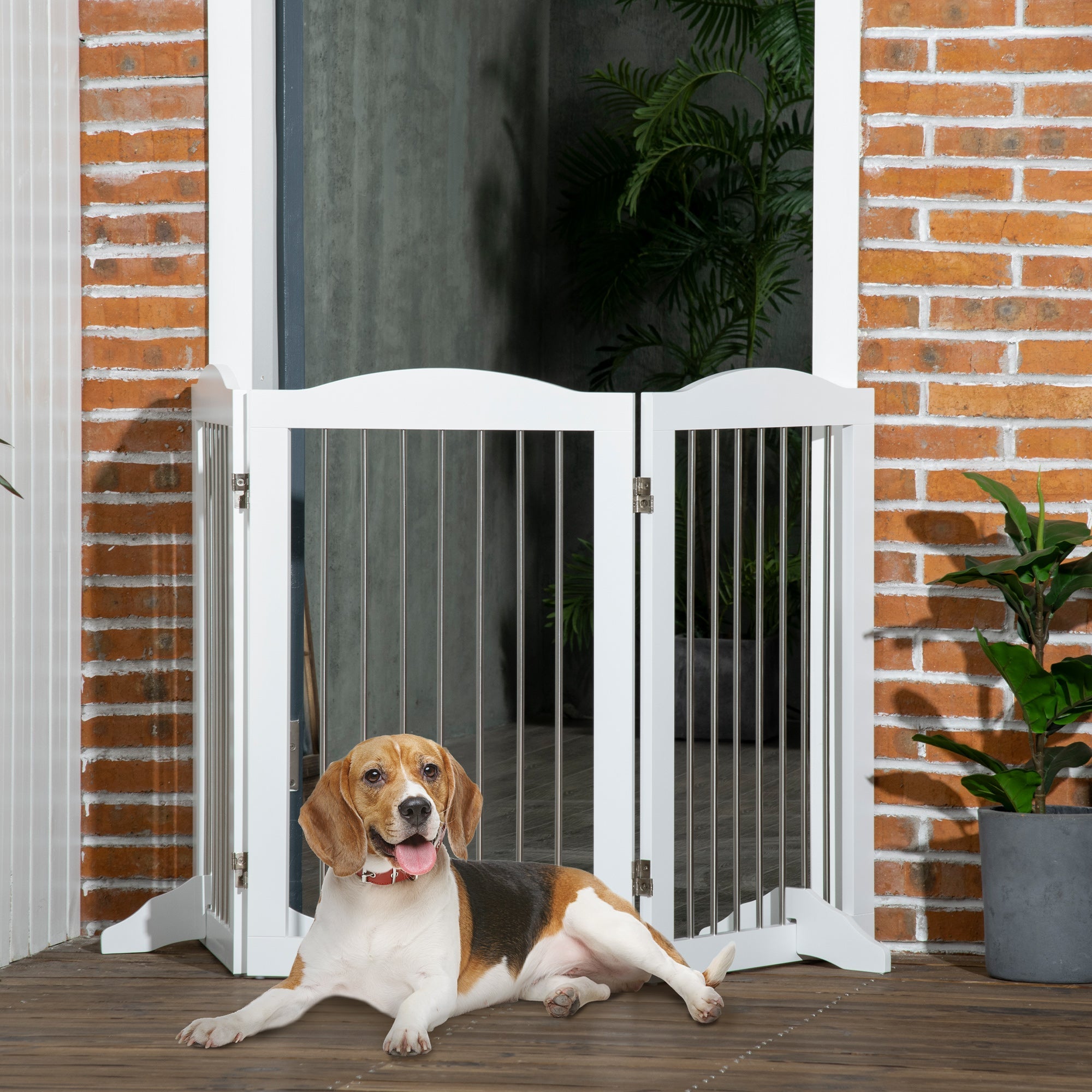 Foldable Dog Gate, Wooden Freestanding Pet Gate with 2 Support Feet, Dog Barrier for Doorways, Stairs, Halls - White-1