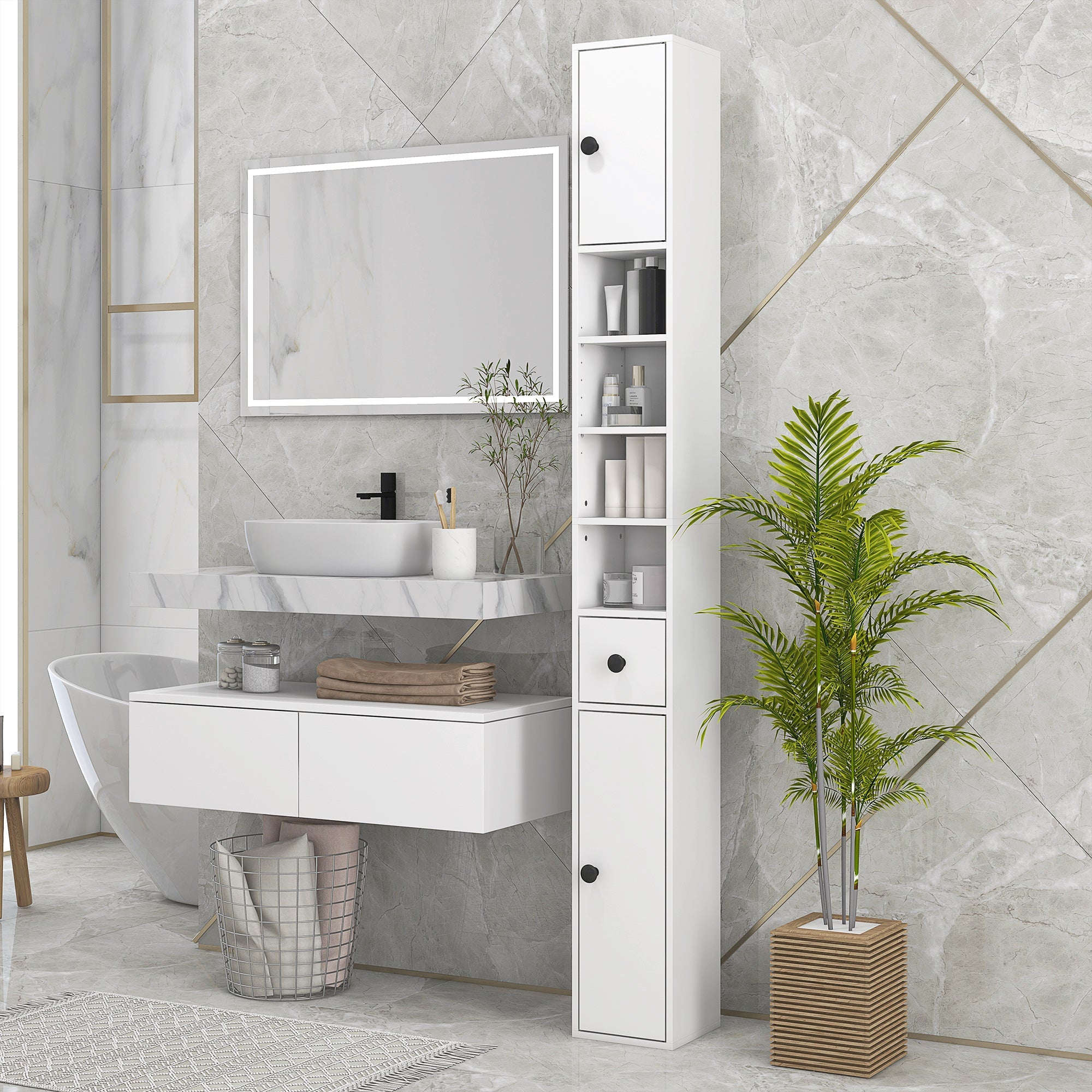 180cm Tall Slim Bathroom Cabinet, Narrow Toilet Roll Storage w/ Open Shelves, 2 Door Cabinets, Adjustable Shelves, for Kitchen, White-1