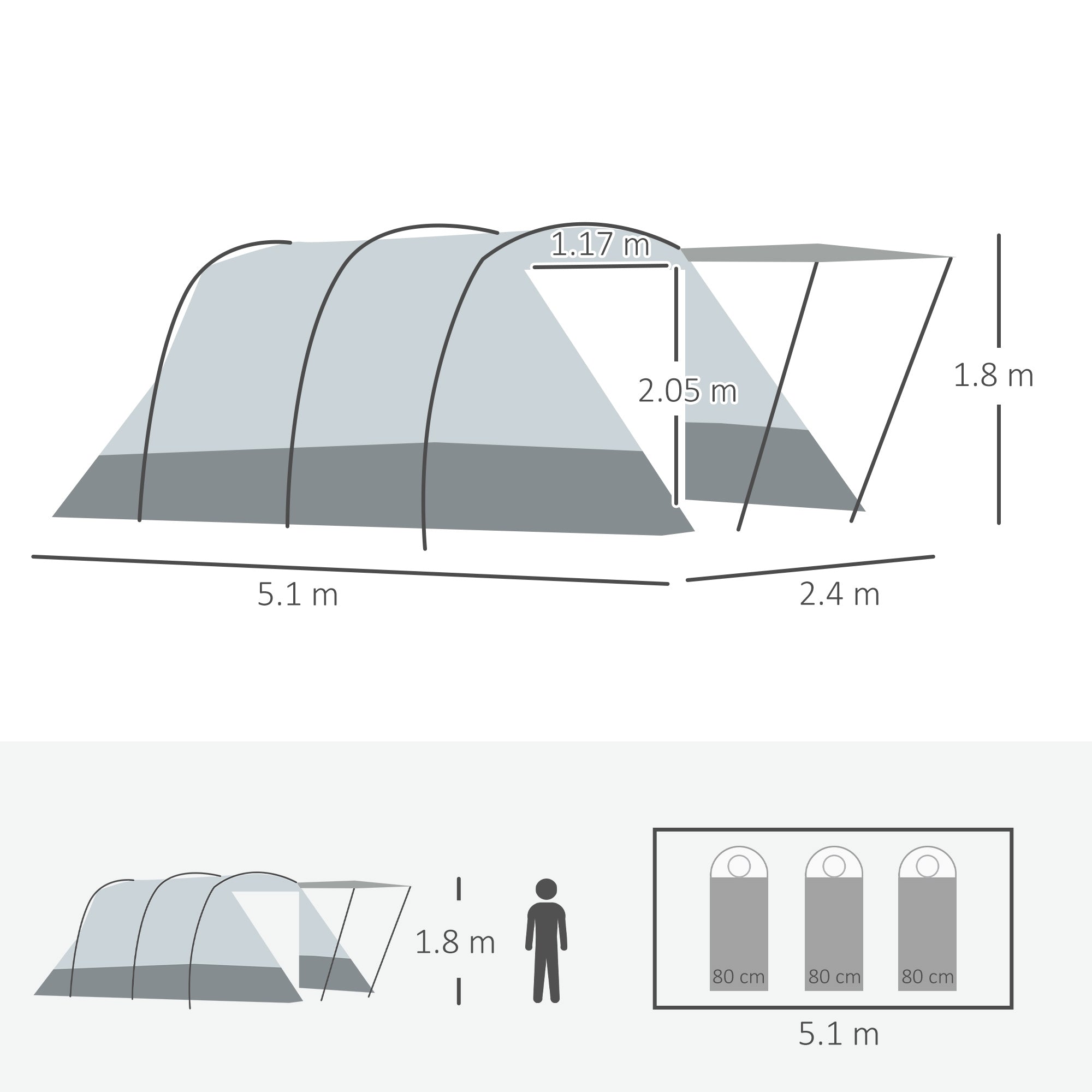 6-8 Person Tunnel Tent, Camping Tent with Bedroom, Living Room, Sewn-in Floor, 3 Doors and Carry Bag, 2000mm Water Column for Fishing, Grey-2