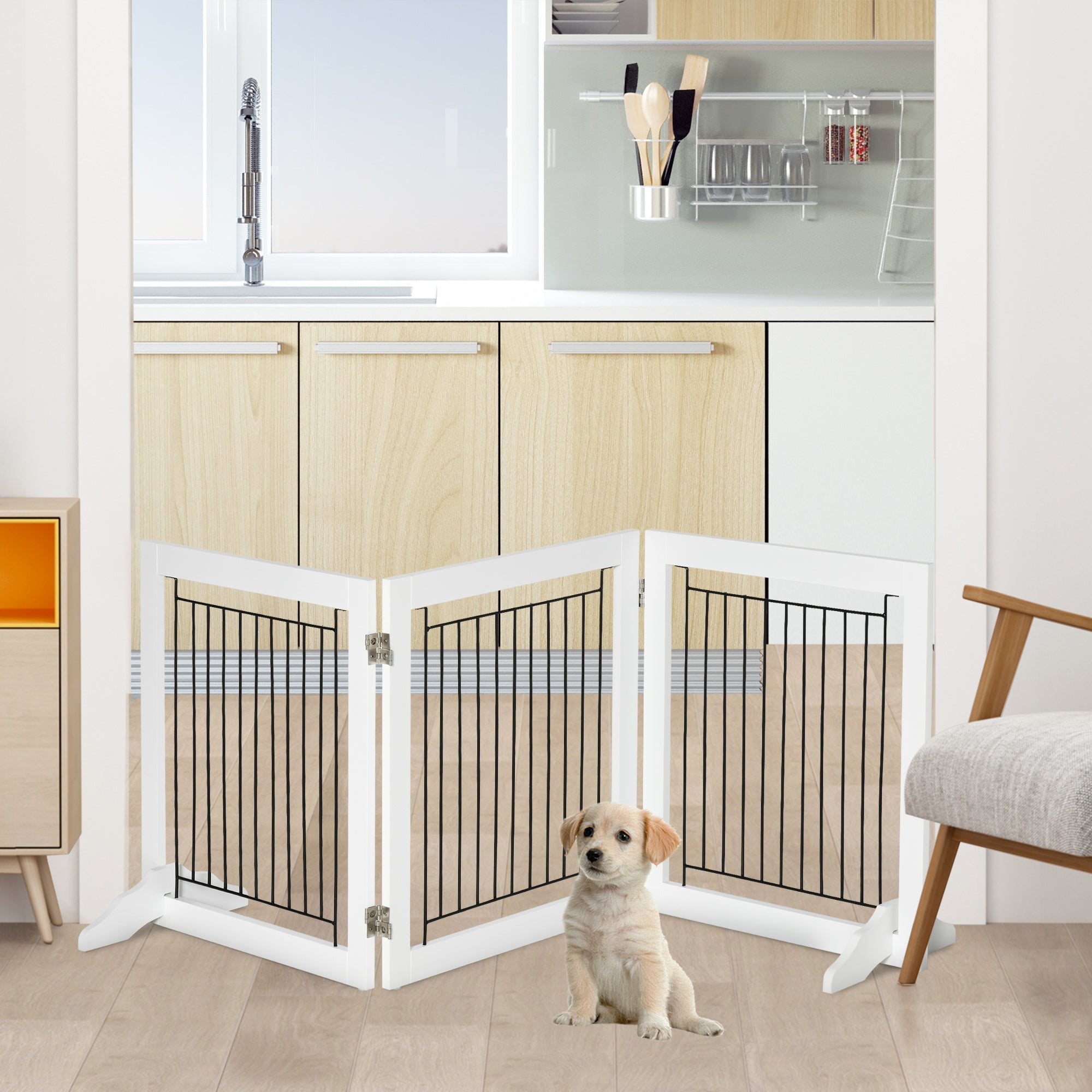 Dog Gate, Freestanding Pet Gate, Wooden Puppy Fence Foldable Design with 61 cm Height 3 Panels, 2 Support Feet, for House Doorway Stairs White-1