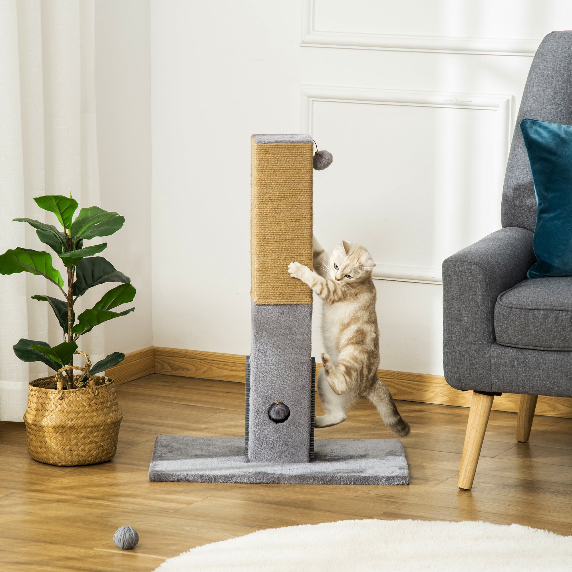 Cat Scratching Post, 79cm Tall Jute Scratcher Climber, Cat Tree Activity Center with Carpet Base, Dangling Ball, Grey-1