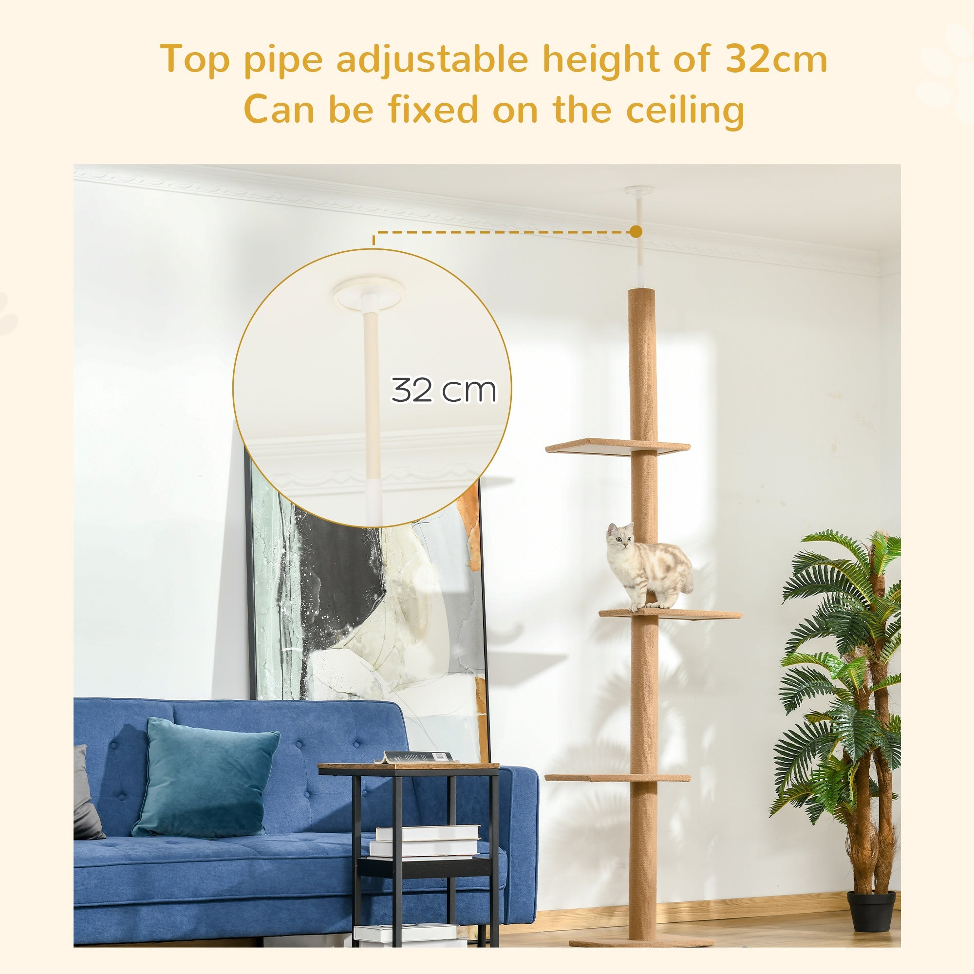 260cm Floor To Ceiling Cat Tree w/ 3 Perches Flannel Upholstery Kitten Pet Rest Sleep Activity Tower Home Furniture Brown-4