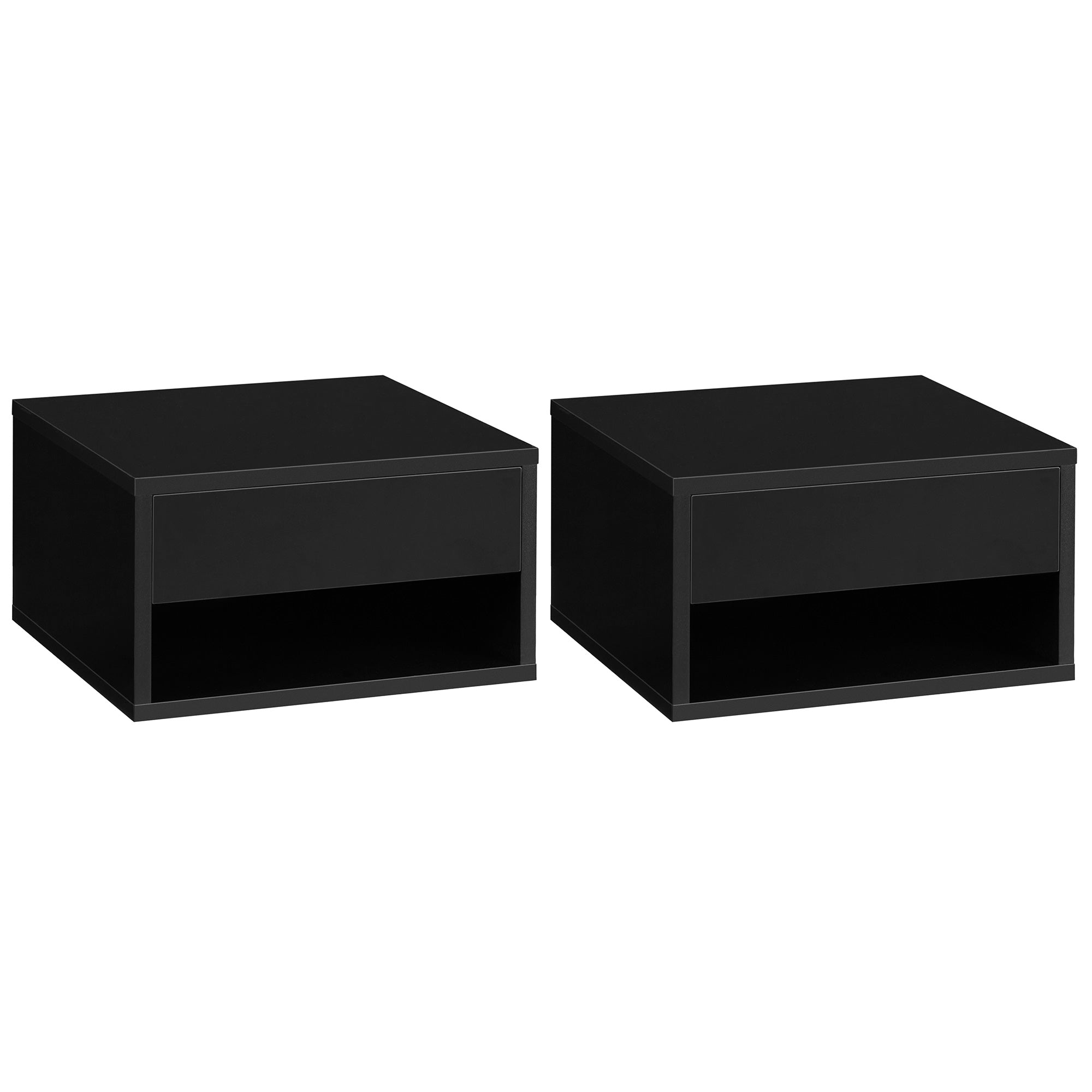 2 Pieces Bedside Table Wall Mounted Nightstand with Drawer and Shelf for Bedroom, 37 x 32 x 21cm, High Gloss Black-0