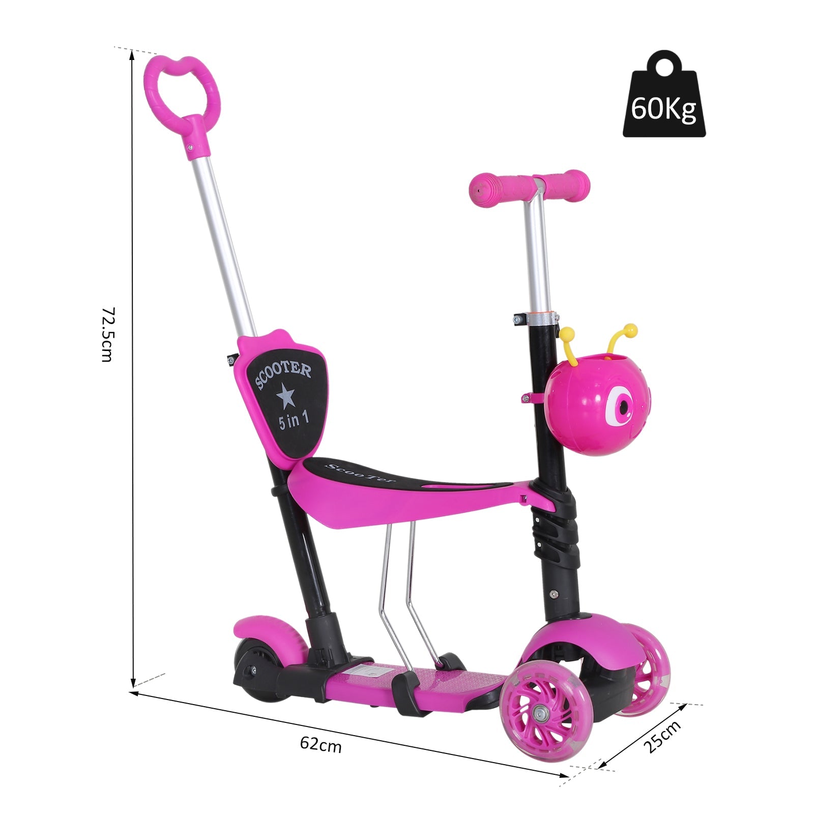 5-in-1 Kids Toddler 3 Wheels Mini Kick Scooter Push Walker with Removable Seat & Back Rest for Girls and Boys Pink-2